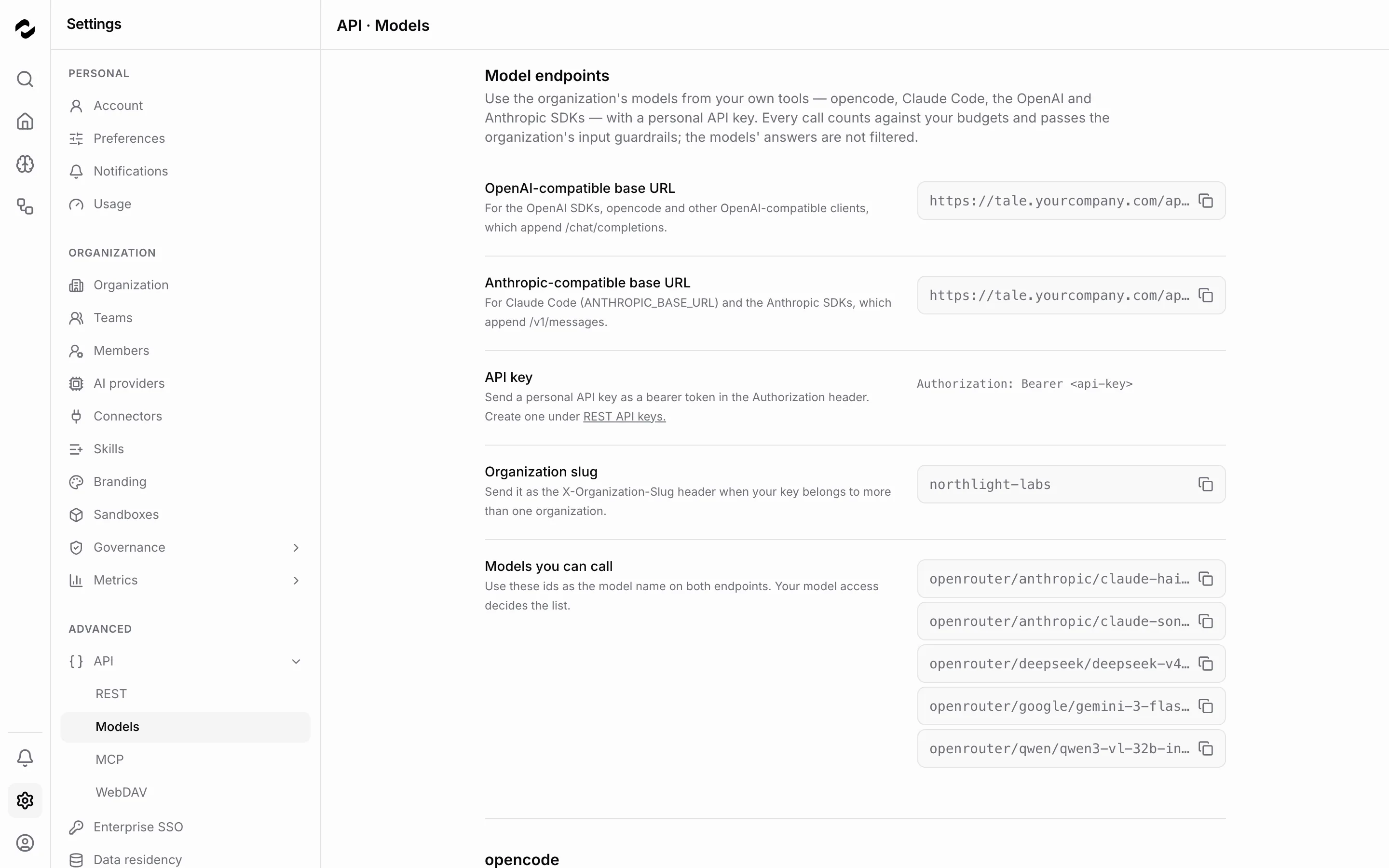 The Models tab under Settings > API showing the OpenAI- and Anthropic-compatible base URLs, the Authorization header for an API key, the organization slug northlight-labs, and five model ids, each with a copy button.