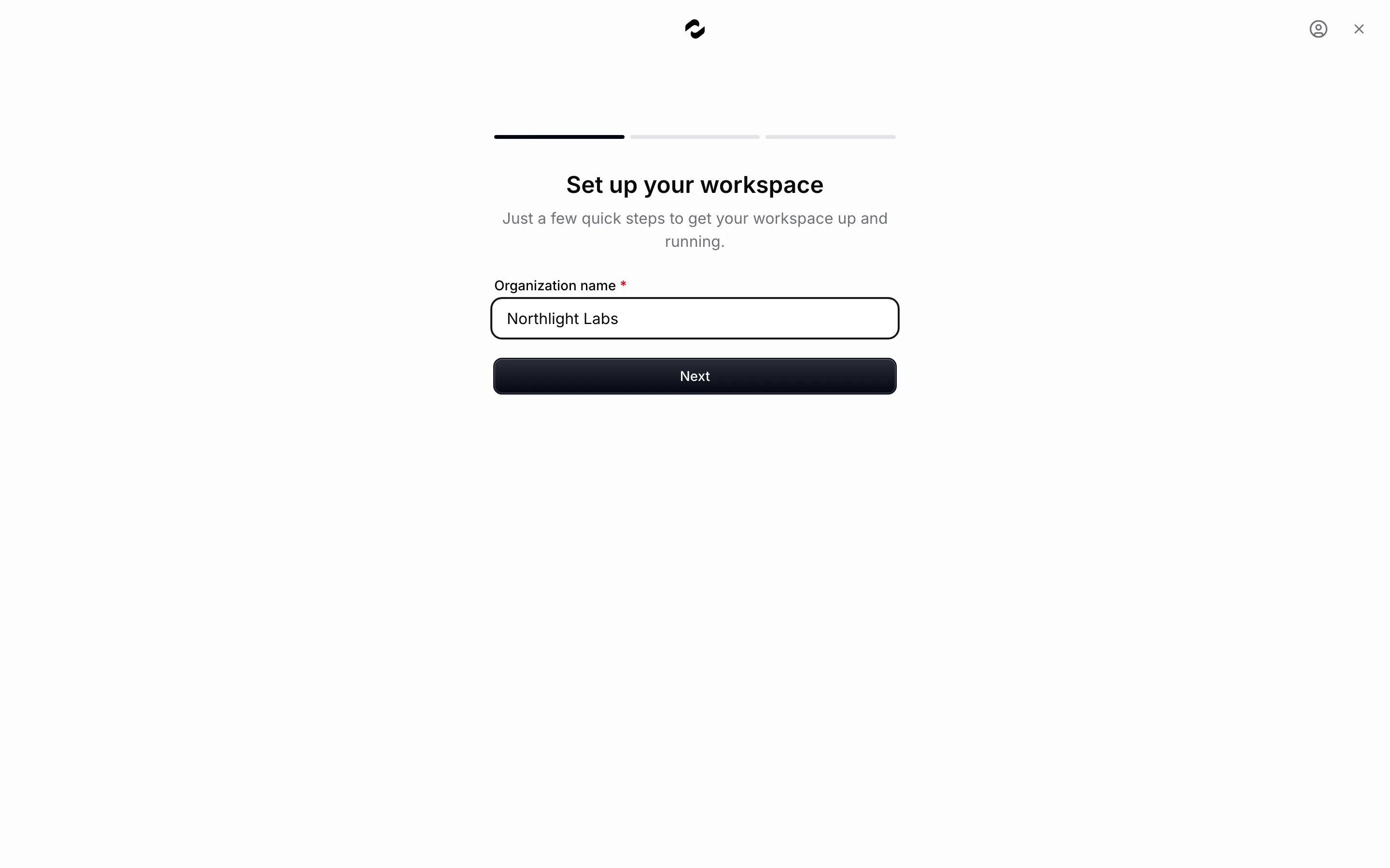 The create-organization wizard on its workspace step, with Northlight Labs typed into the Organization name field and the Next button enabled.