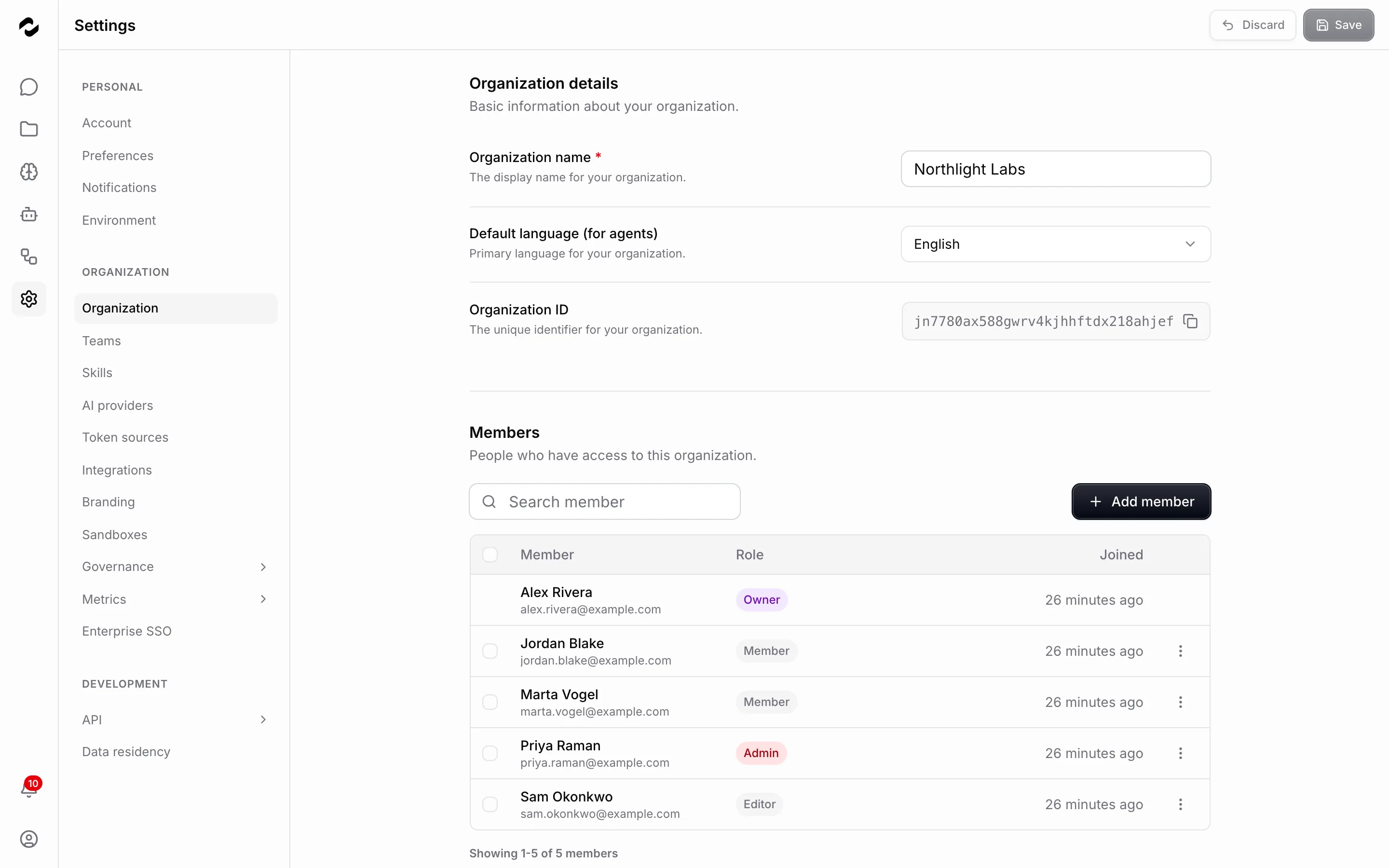 The Organization settings page with its Members section listing the workspace owner Alex Rivera and an Add member button.