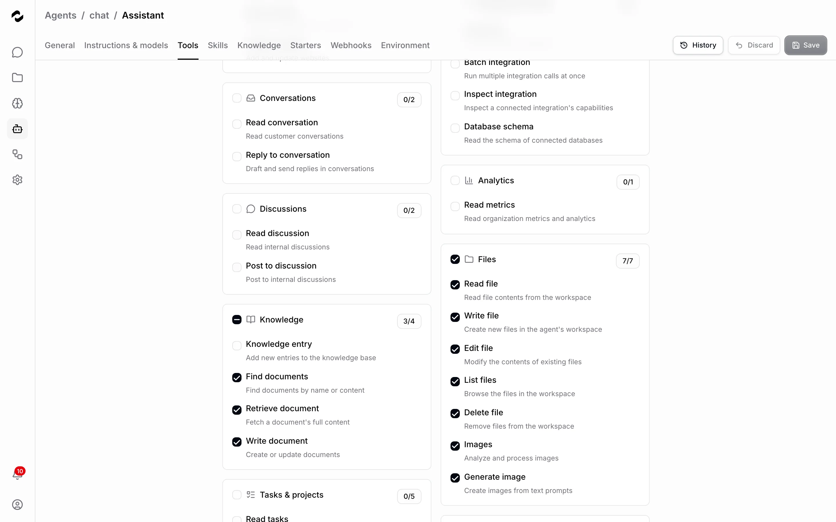 The agent editor's Tools tab scrolled to the category cards, with Knowledge at three of four tools checked and Files at seven of seven, while Conversations, Discussions, Analytics, and Tasks & projects have none granted.