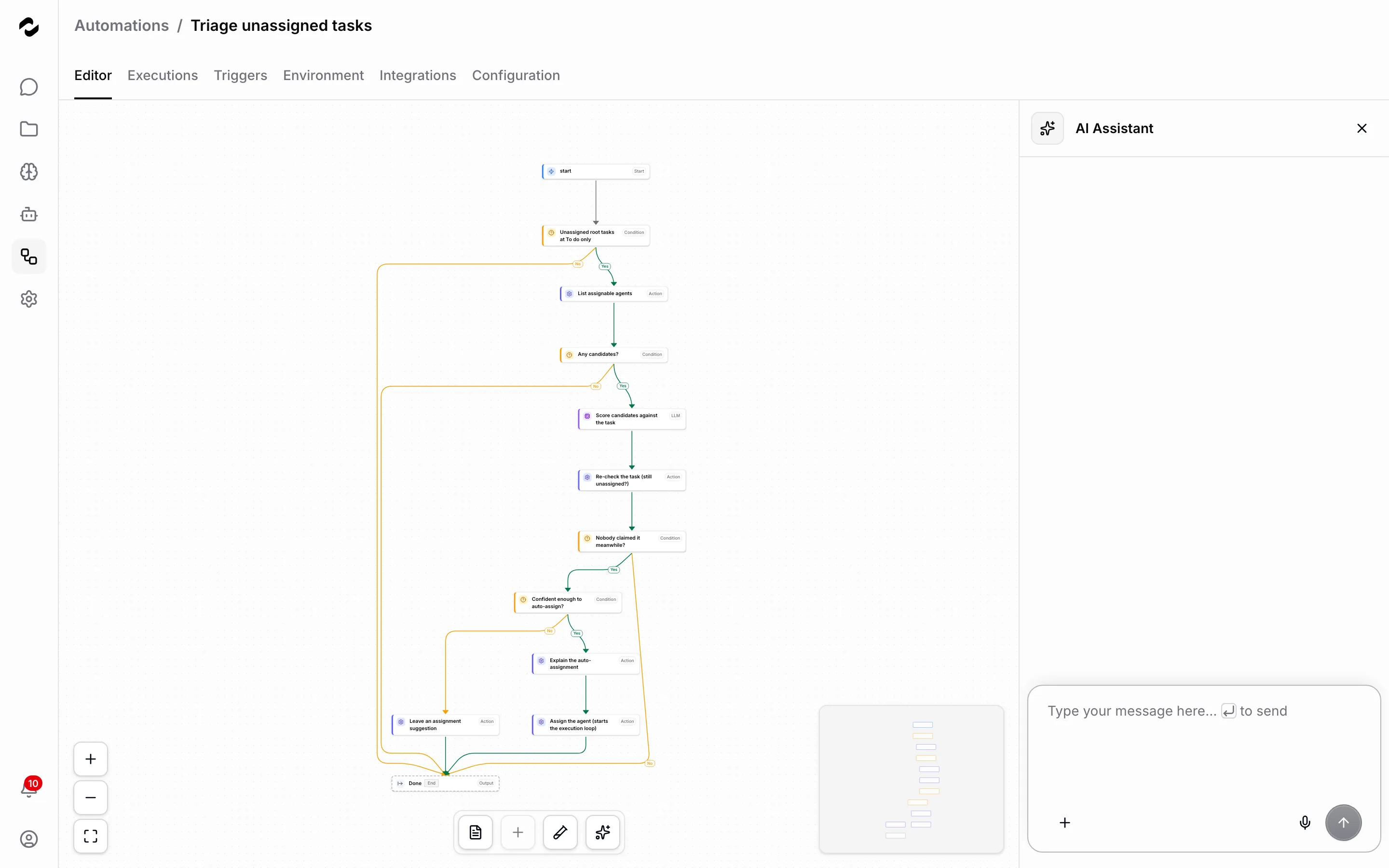 The workflow canvas of an automation showing a graph of nodes, with a panel open beside it.