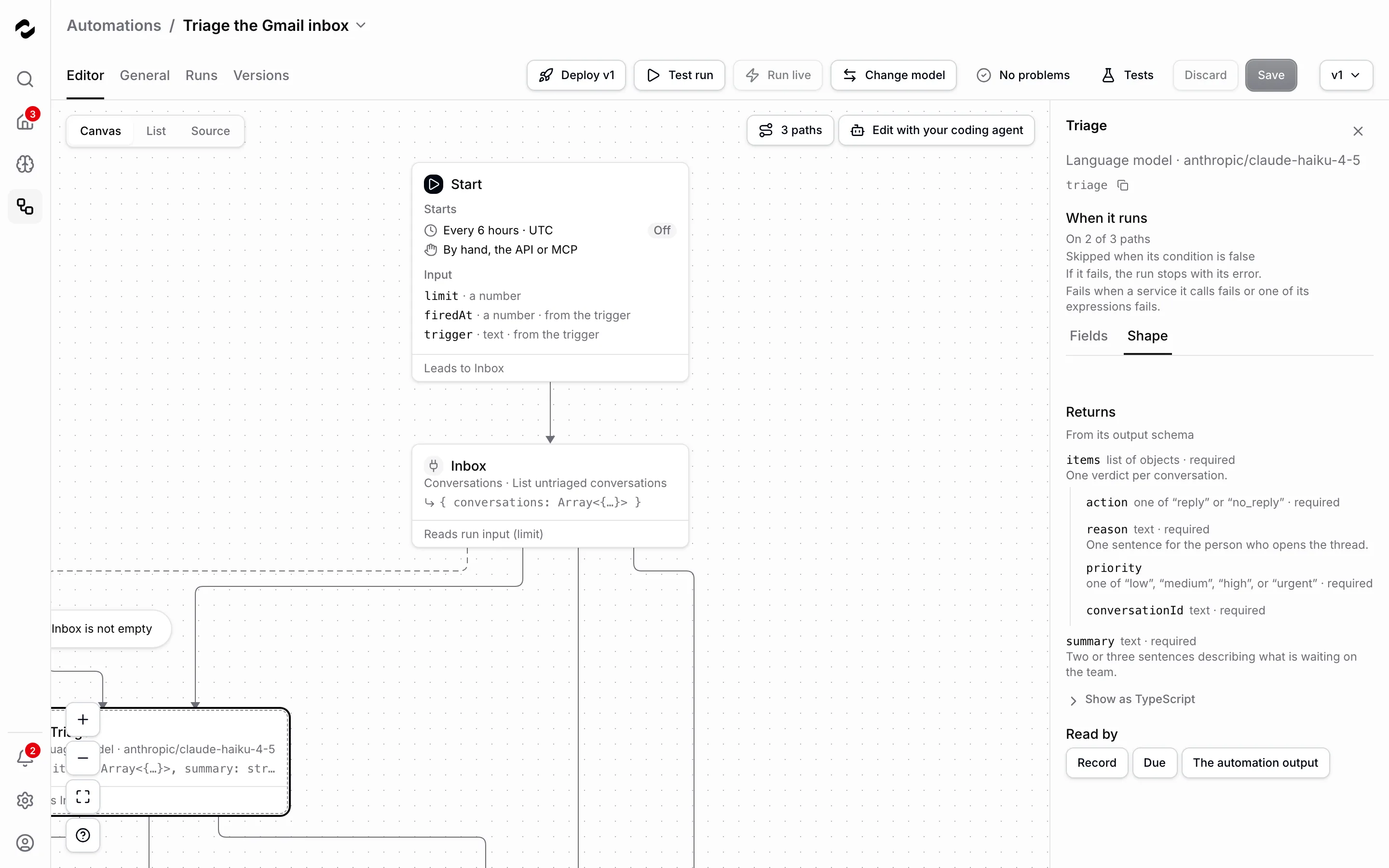 Der Bereich von Triage, einer Sprachmodell-Node, auf Shape geöffnet: When it runs nennt 2 von 3 Pfaden und übersprungen, wenn ihre Bedingung falsch ist; Returns listet aus ihrem Ausgabeschema items mit action, reason, priority und conversationId sowie summary, darunter Show as TypeScript; Read by bietet Record, Due und The automation output an.