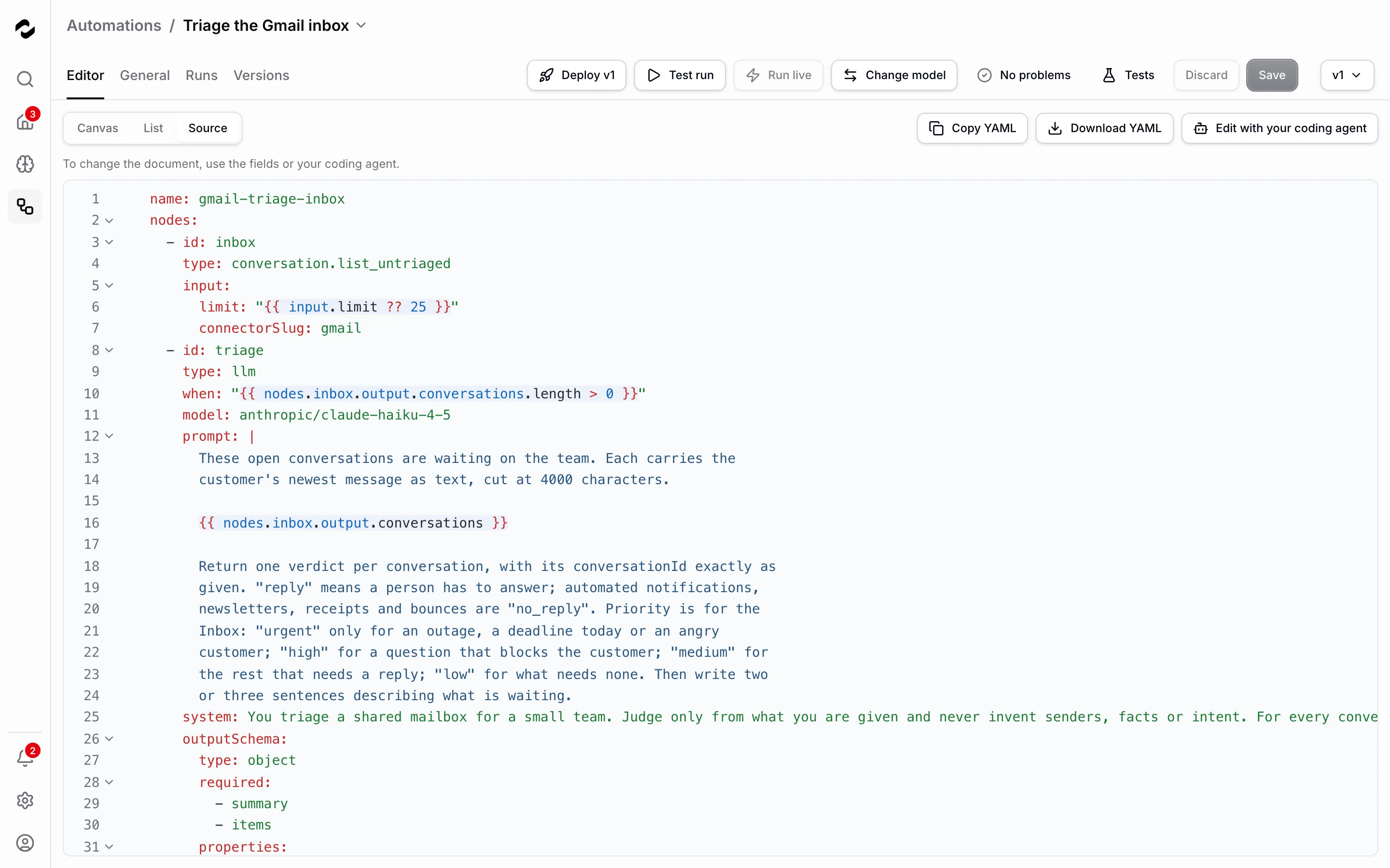 Die Ansicht Source von Triage the Gmail inbox: YAML mit Zeilennummern und Einklapp-Markierungen, von name: gmail-triage-inbox bis zu den Nodes inbox und triage, unter der Zeile To change the document, use the fields or your coding agent, darüber Copy YAML, Download YAML und Edit with your coding agent.