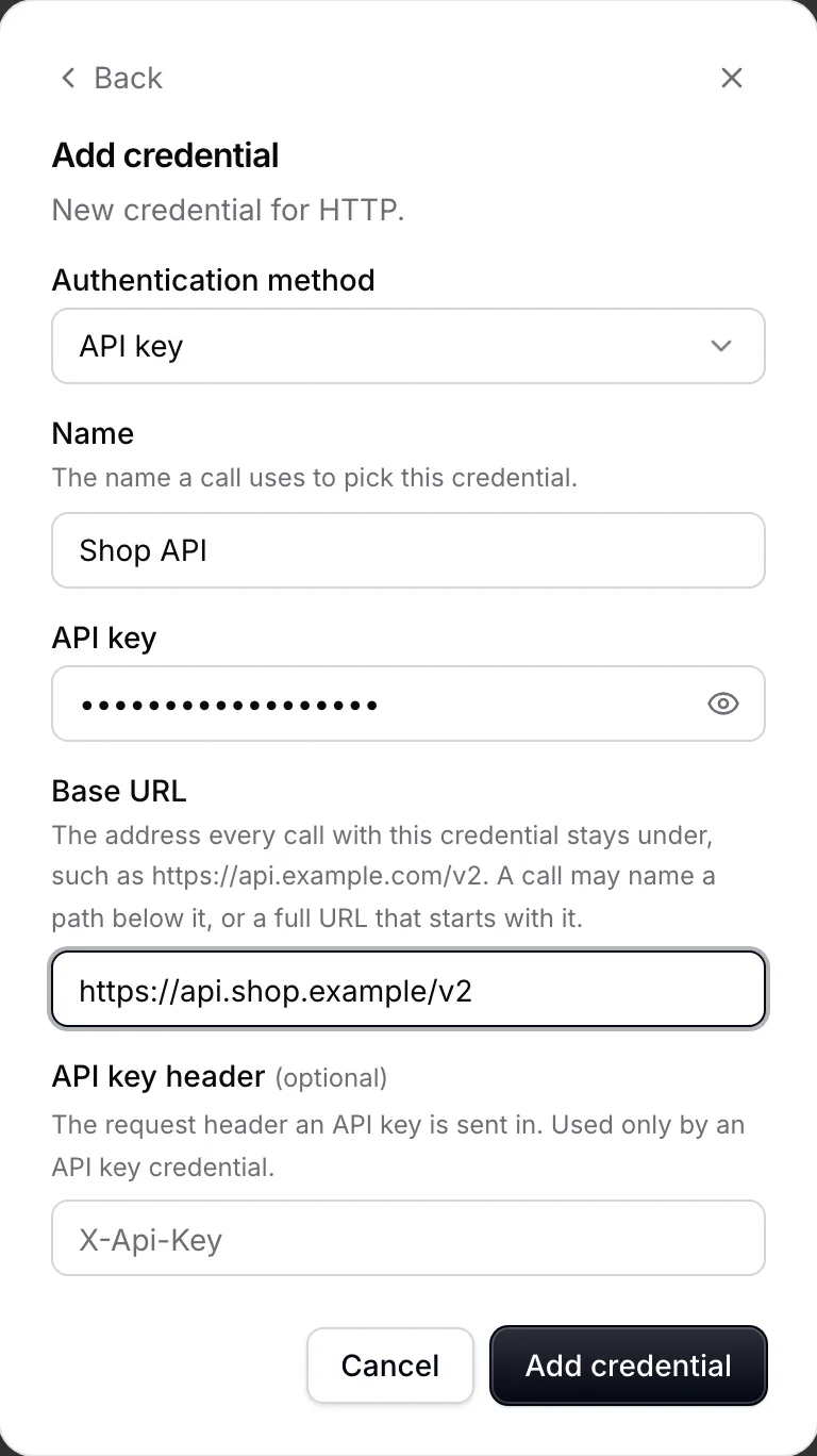 Der Dialog Add credential für HTTP: Authentication method auf API key, Name Shop API, der API key verborgen, Base URL https://api.shop.example/v2 und API key header leer mit X-Api-Key als Platzhalter, darunter Cancel und Add credential.