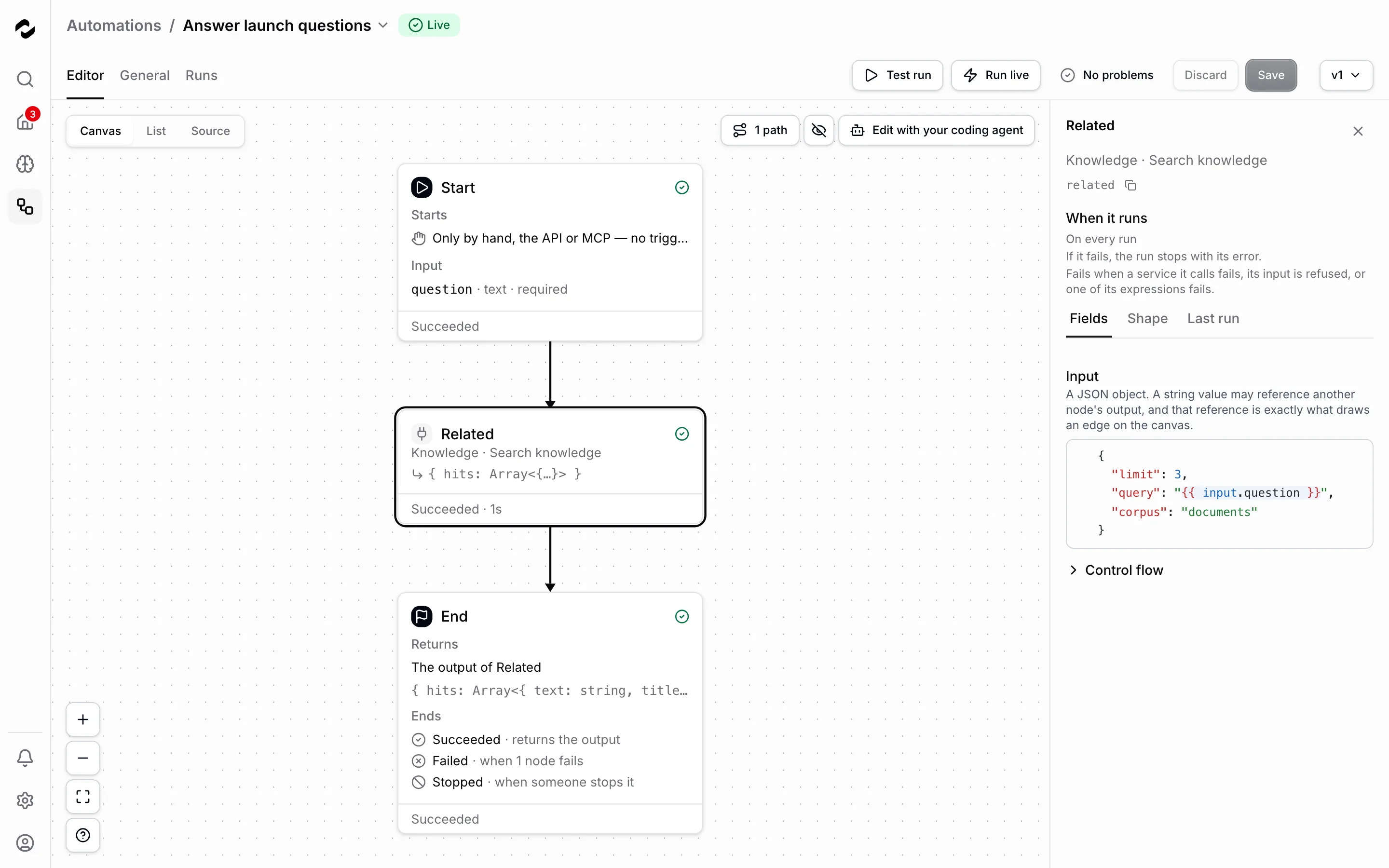 The Editor tab of Answer launch questions, live, with No problems: Start, Related and End on the canvas, Related selected as a Knowledge · Search knowledge step that returns a list of hits. Beside the canvas, its Input holds limit 3, a query that reads the question of the run's input, and corpus documents.