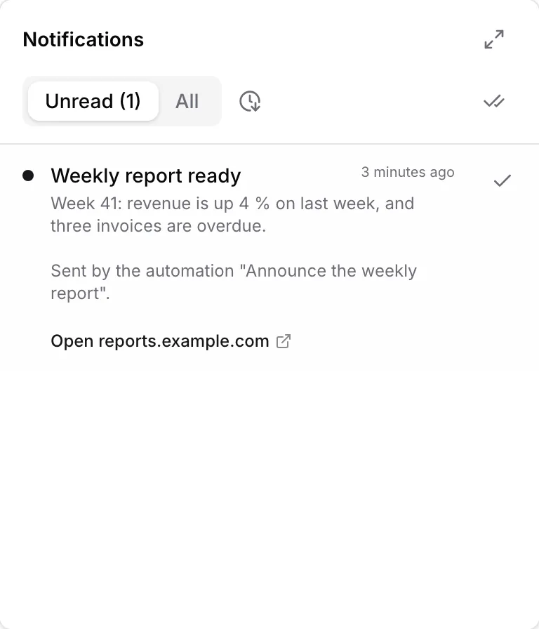The Notifications panel with 1 unread notification: the title Weekly report ready, the message about week 41, the line Sent by the automation Announce the weekly report, and below them Open reports.example.com with an icon for a new tab.