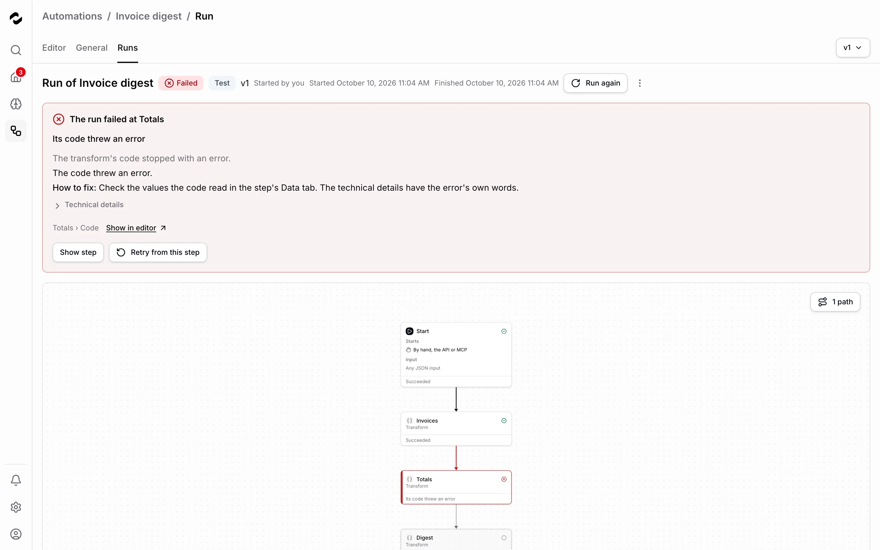 The run page of a failed test run of Invoice digest: the card The run failed at Totals with the title Its code threw an error, the cause, How to fix, Technical details, Totals › Code with Show in editor, Show step and Retry from this step; on the canvas below, Start and Invoices succeeded, Totals is framed in red with Its code threw an error, and Digest, which didn’t run, is dashed.