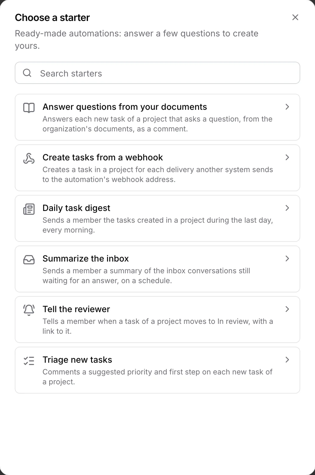 La boîte de dialogue Choose a starter avec un champ de recherche et six modèles, dont Daily task digest, qui envoie chaque matin à un membre les tâches créées la veille dans un projet.