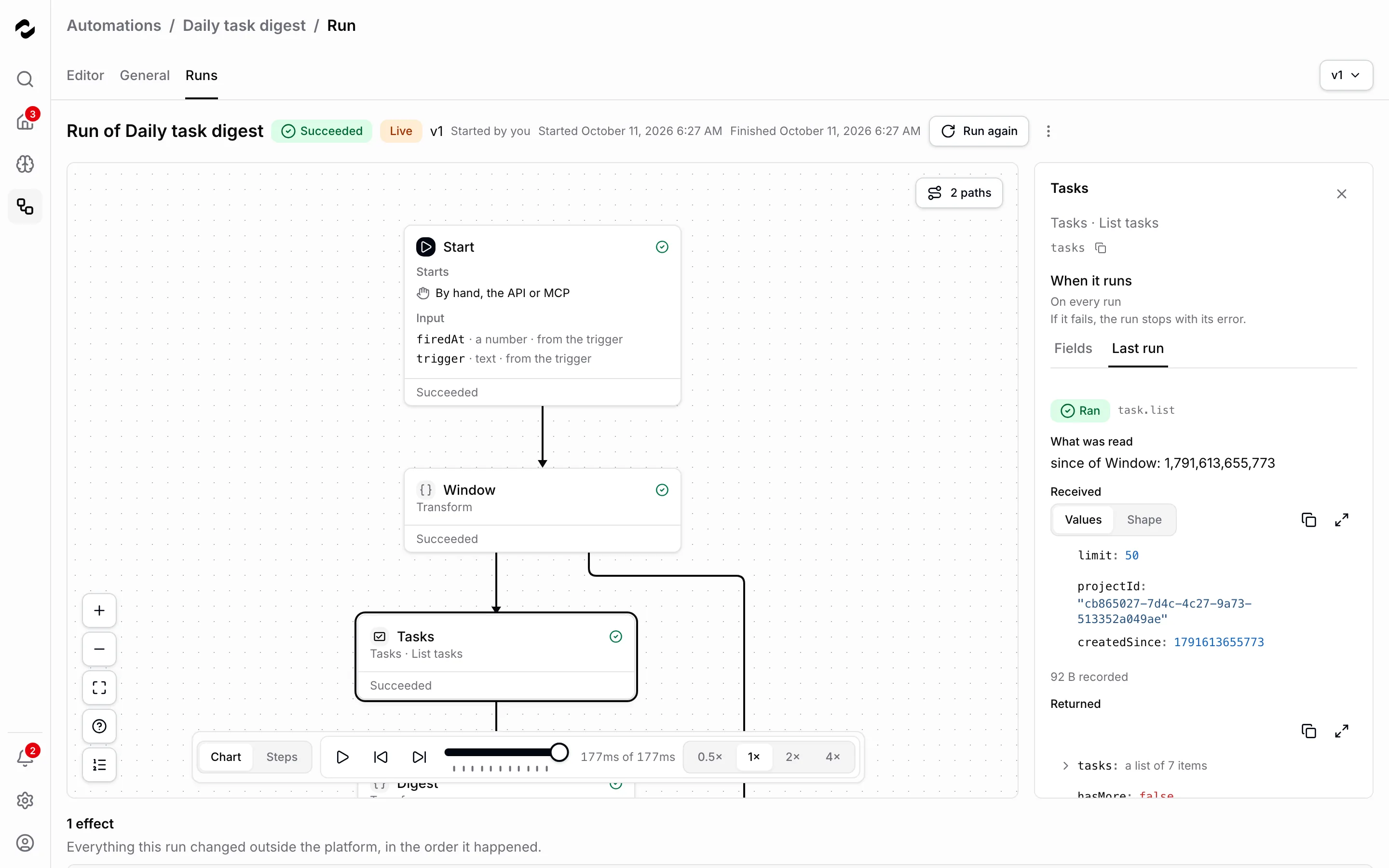 La page d’une exécution réussie en direct de Daily task digest avec l’étape Tasks sélectionnée, une étape Tasks · List tasks ; sous Returned figure une liste de 7 tâches.
