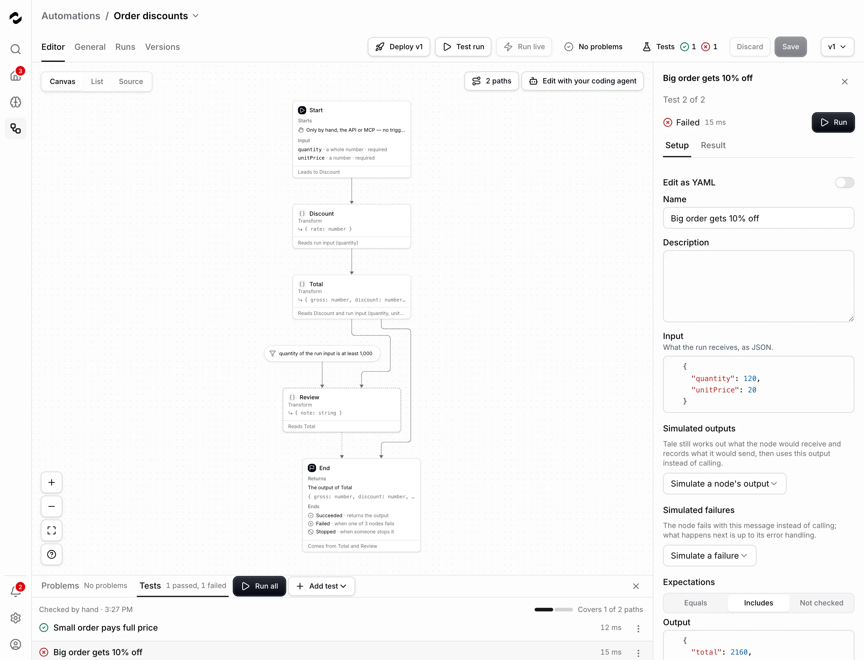 Der Tab Setup des Tests Big order gets 10% off neben dem Canvas von Order discounts: Name, eine leere Description, ein Input mit quantity 120 und unitPrice 20, Simulated outputs und Simulated failures mit je einer Auswahl und Expectations, wo die Ausgabe mit Includes geprüft wird.