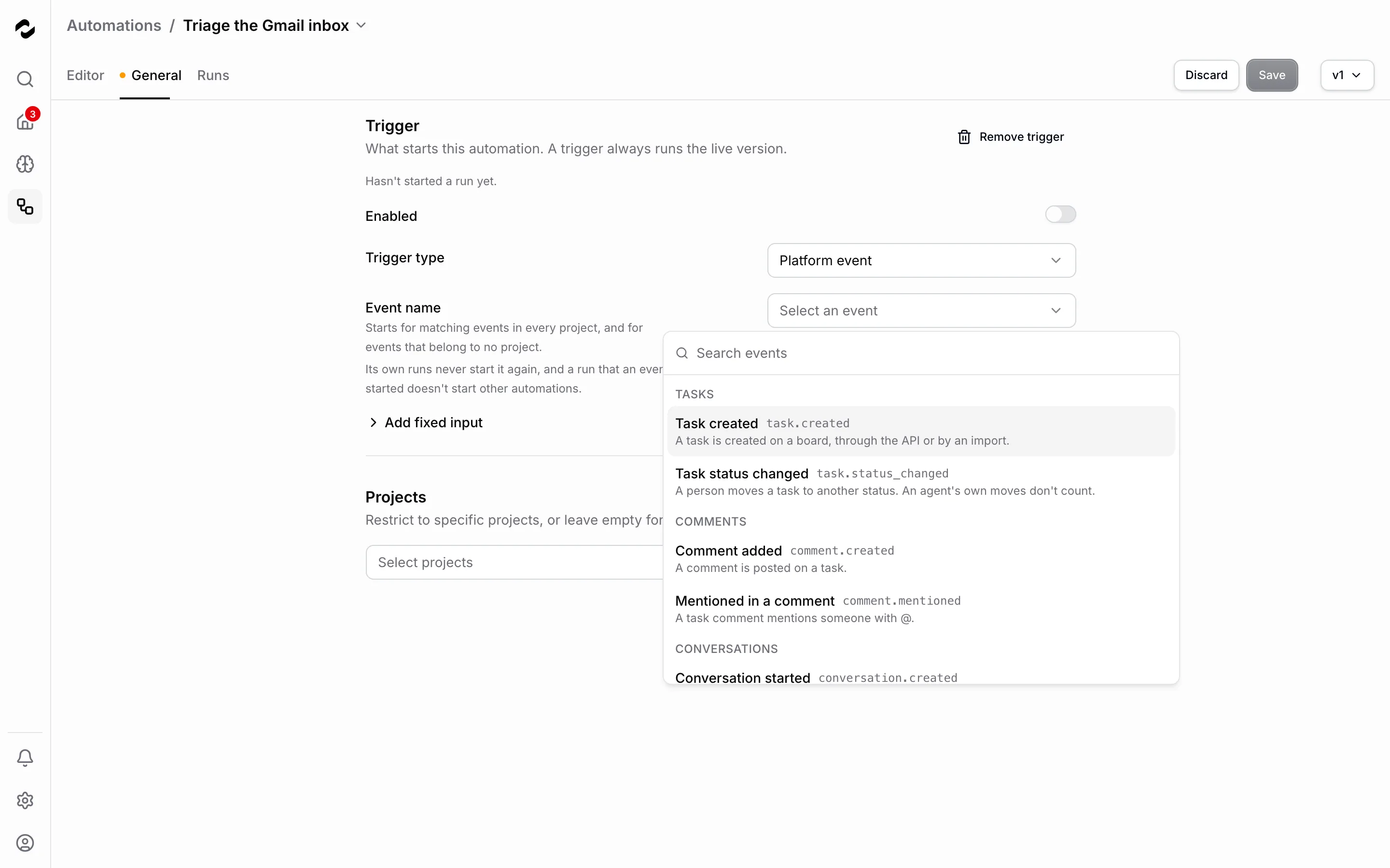 The Event name list open for a Platform event trigger: a search field above the groups Tasks, with Task created and Task status changed, Comments, with Comment added and Mentioned in a comment, and Conversations, each event with its ID and a sentence saying when it is raised.