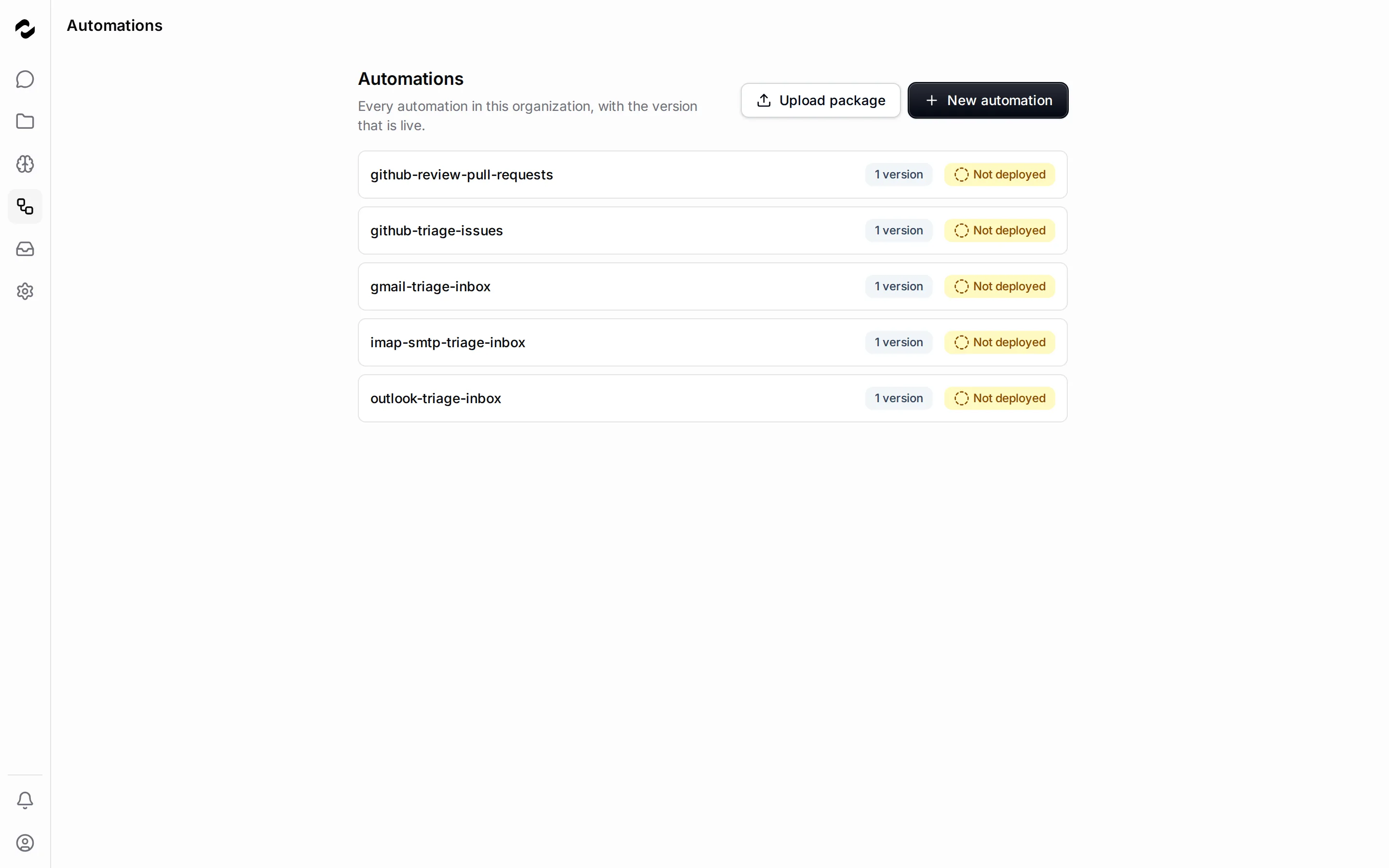 The Automations catalog on the All automations tab, showing cards for the email automations and the Resolve GitHub issues bundle, each with its icon and description.