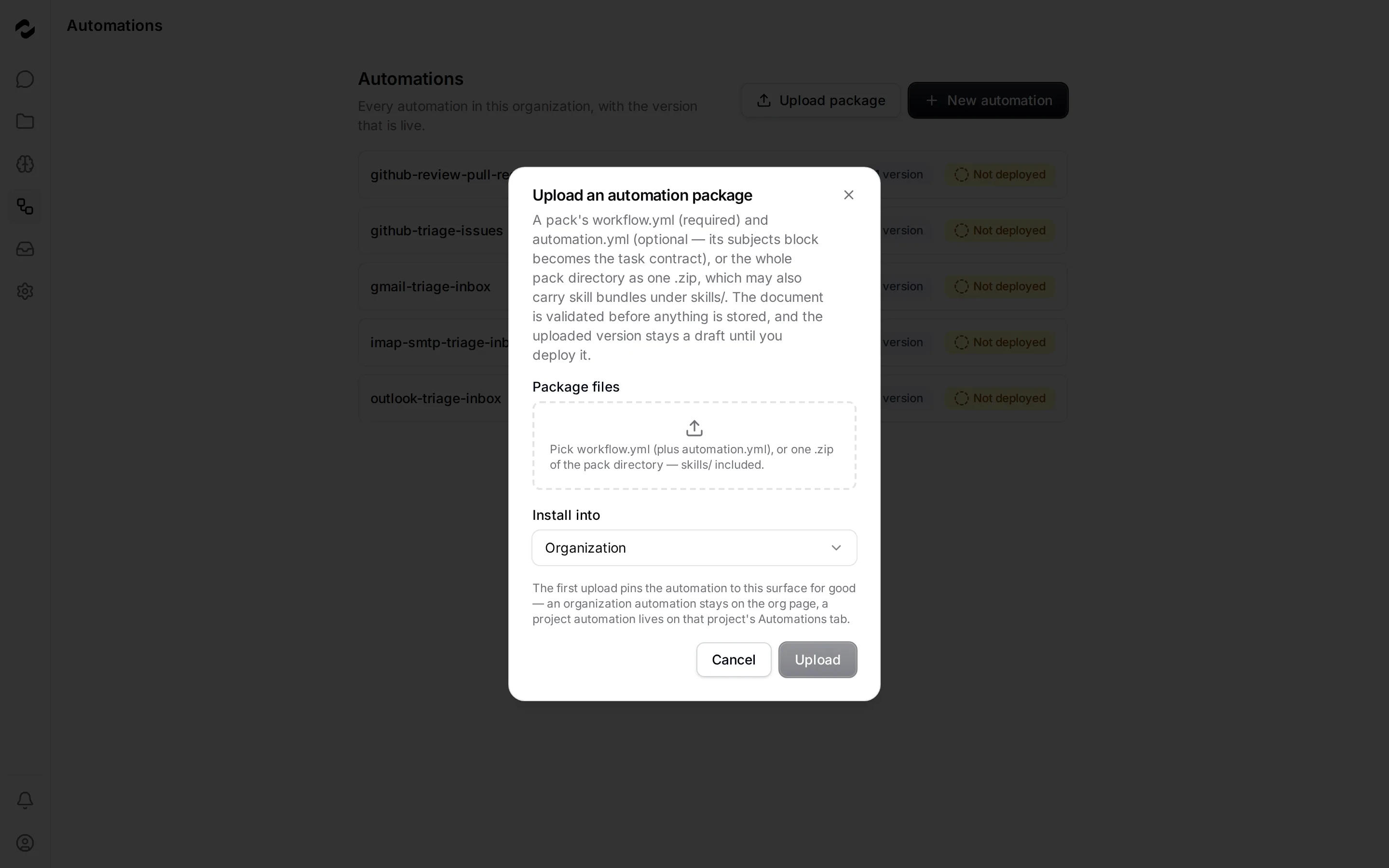 The upload package dialog with its file drop zone and the Install into picker set to Organization.