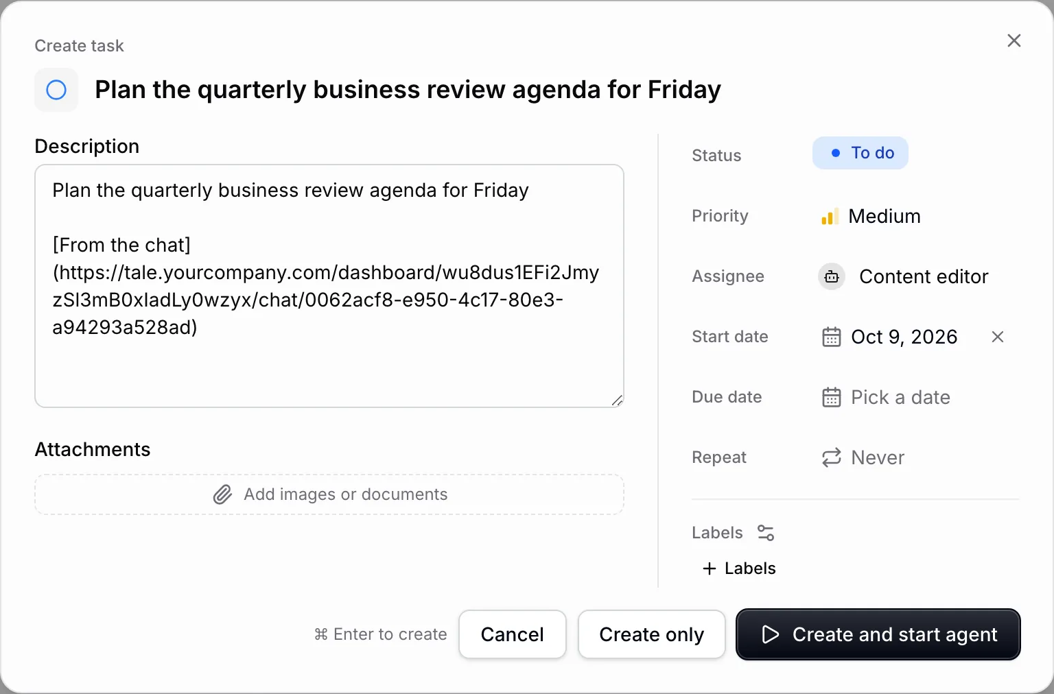 The Create task dialog holds the title and description "Plan the quarterly business review agenda for Friday", a link labelled From the chat below the request, Content editor as the assignee, and the buttons Create only and Create and start agent.