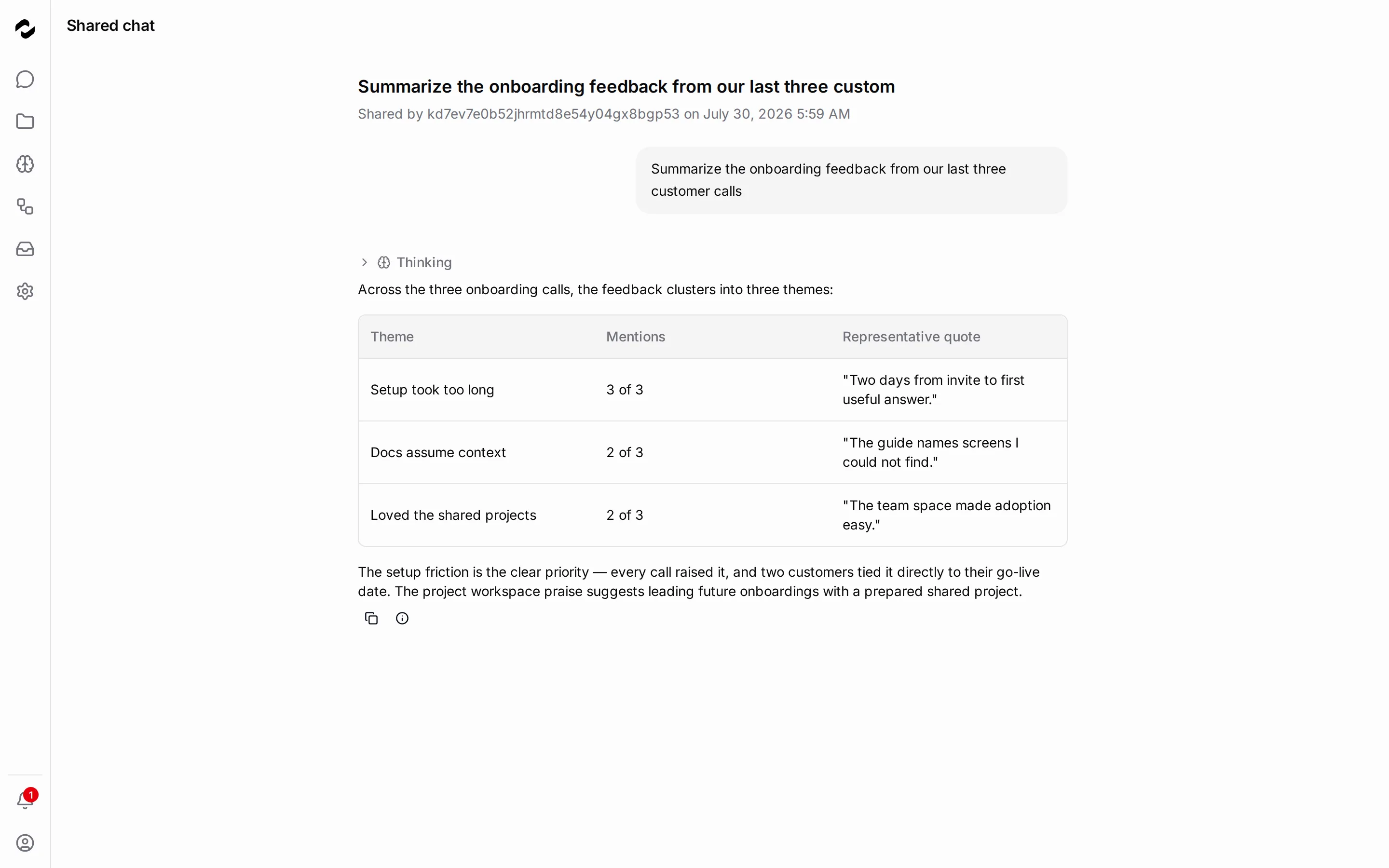 A shared chat viewed read-only, showing the conversation transcript under a Shared chat heading with a byline naming who shared it and when.