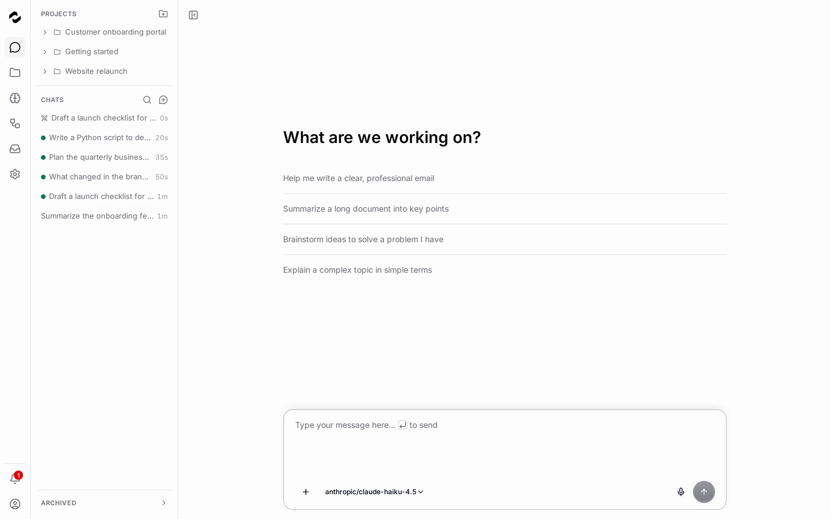 The empty new-chat screen showing the welcome heading, four conversation starter buttons, and the composer below.