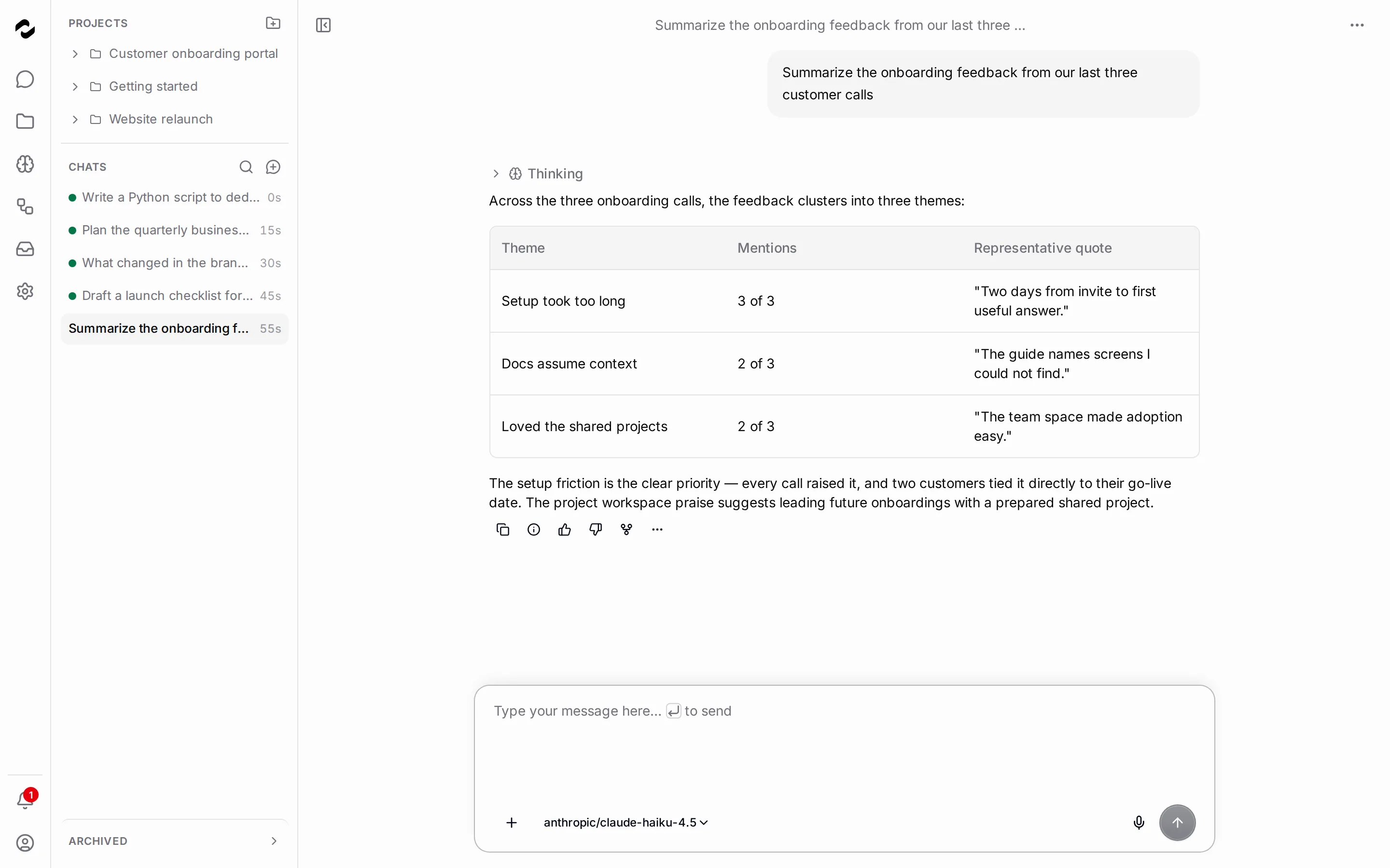 A chat thread showing a user question about onboarding feedback and an assistant reply containing a markdown table of three themes.