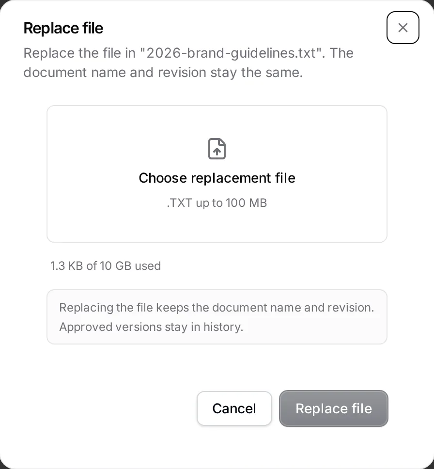 The Replace file dialog for a controlled text document, with a same-format file picker and a note that approved versions remain in history.