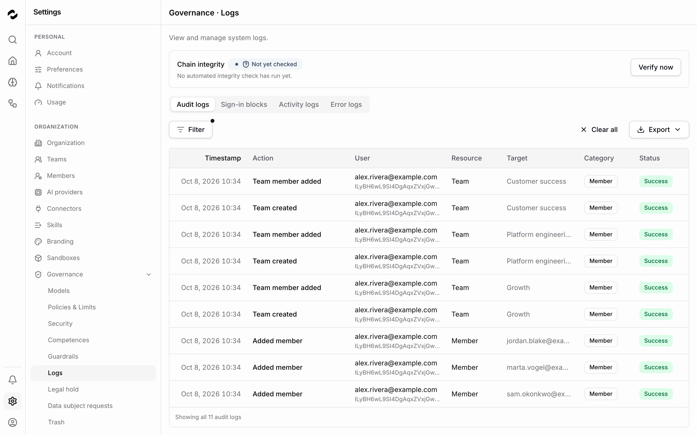 The Logs page with the Audit logs tab filtered to the Member category, listing eleven events in which Alex Rivera added members, created three teams, and added a member to each team, every row showing its resource, target, category, and a Success status.