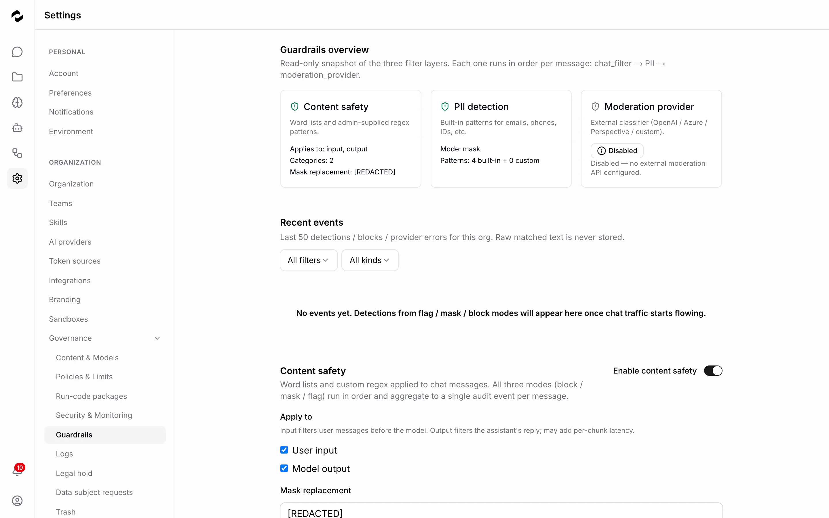 The Guardrails governance page showing three status cards — content safety applied to input and output across two categories, PII detection running in mask mode over four built-in patterns, and a moderation provider marked Disabled with no external API configured — above a recent-events feed reporting no events yet.