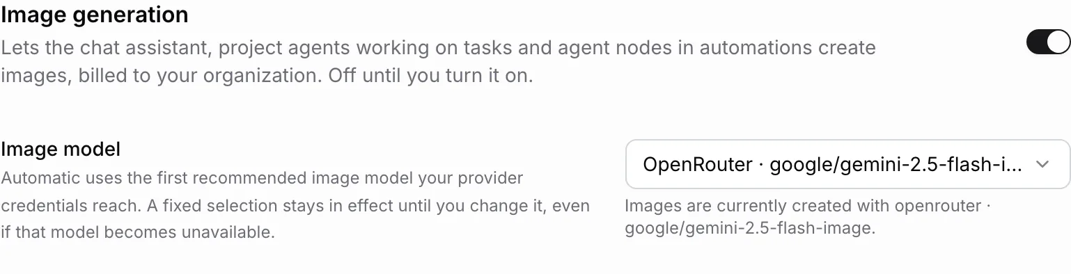 The Image generation section with its switch on, the Image model picker set to OpenRouter · google/gemini-2.5-flash-image, and the line below it naming the model that currently creates images.