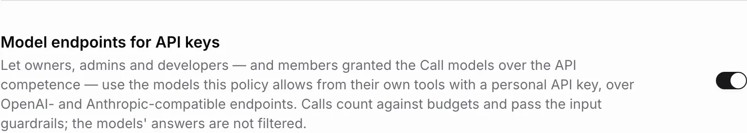 The Model endpoints for API keys section on the Models page with its switch on, explaining that Owners, Admins, Developers, and members granted Call models over the API may use the organization's models from their own tools.