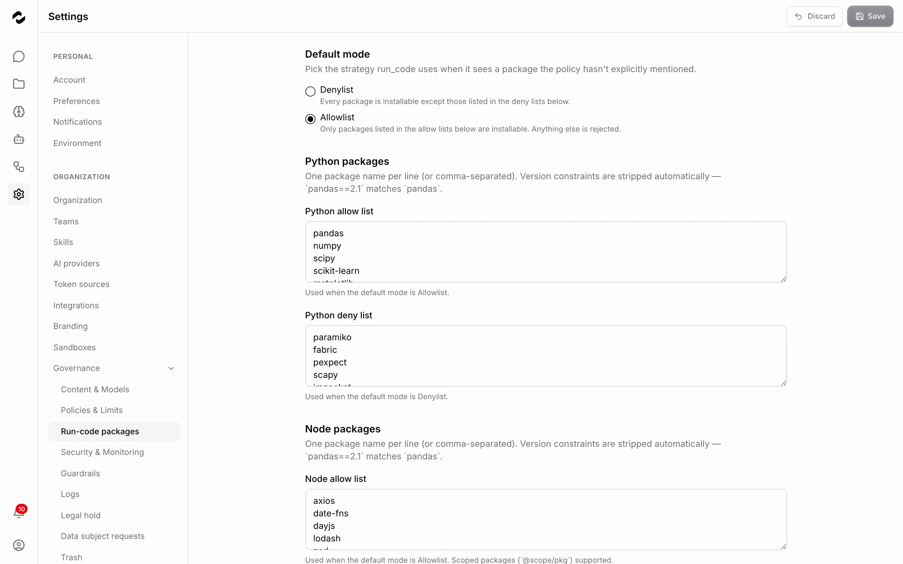 The Run-code policy governance page with Allowlist picked in the default-mode radiogroup, above a Python allow list holding pandas, numpy, scipy, and scikit-learn, a Python deny list holding paramiko, fabric, pexpect, and scapy, and a Node allow list holding axios, date-fns, dayjs, and lodash.
