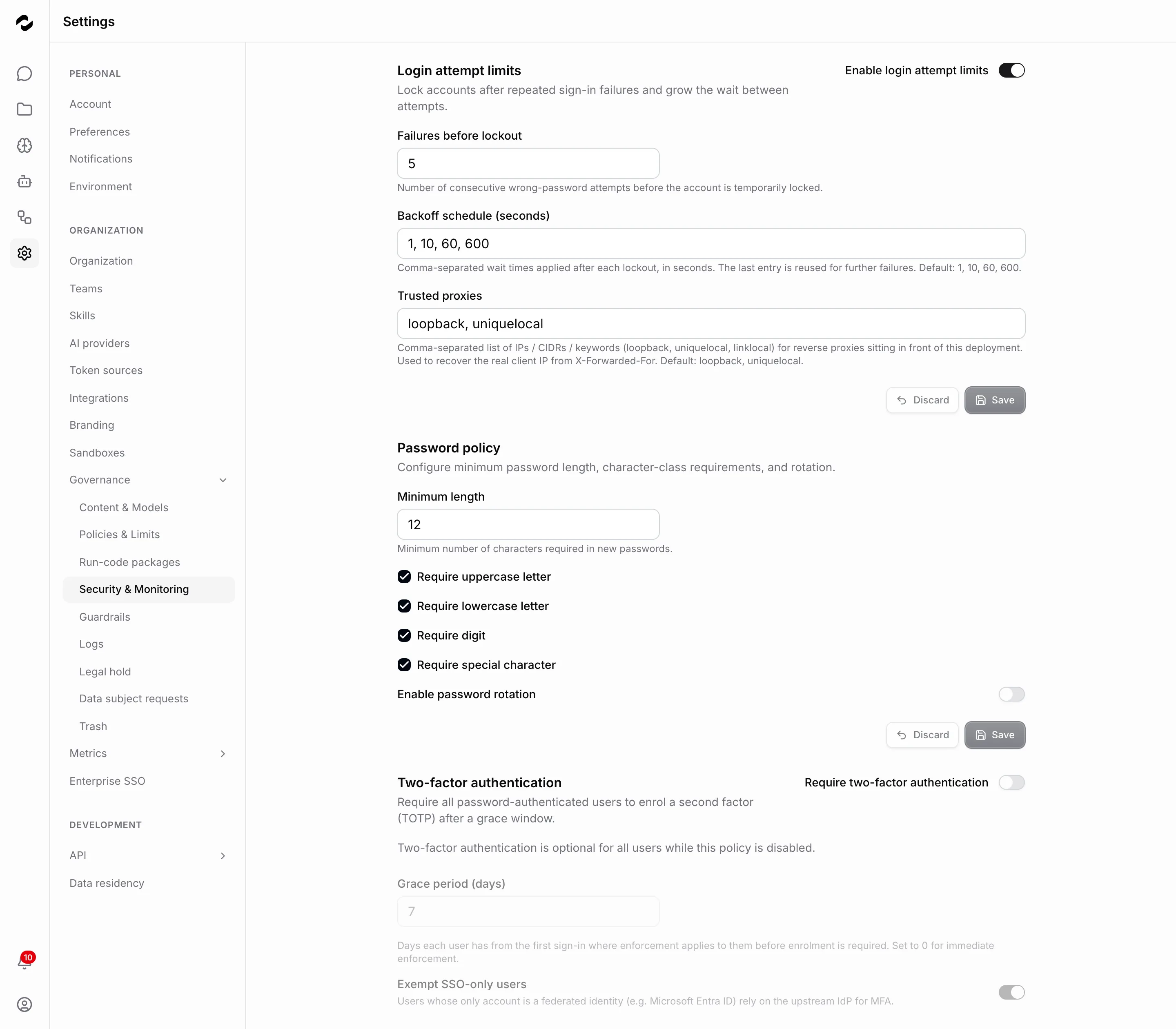 The Security and Monitoring governance page showing login-attempt limit fields and the password-policy character-class requirements; the two-factor policy is further down the same page.