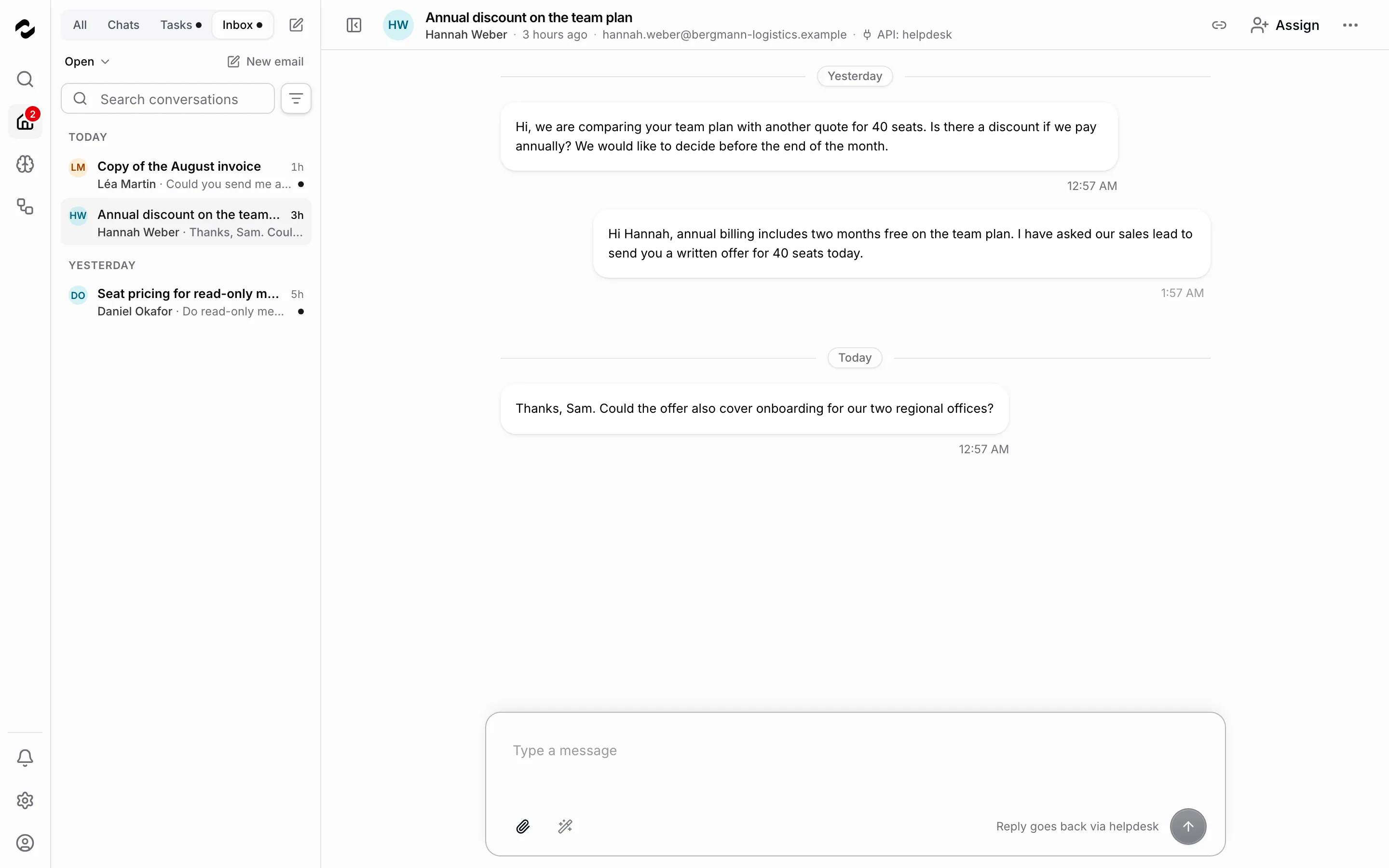 Home in its Inbox view lists three open conversations: Copy of the August invoice from Léa Martin, Annual discount on the team plan from Hannah Weber, and Seat pricing for read-only members from Daniel Okafor. Beside the list, the conversation with Hannah Weber is open, showing her two messages, the team's reply between them, and the message field.