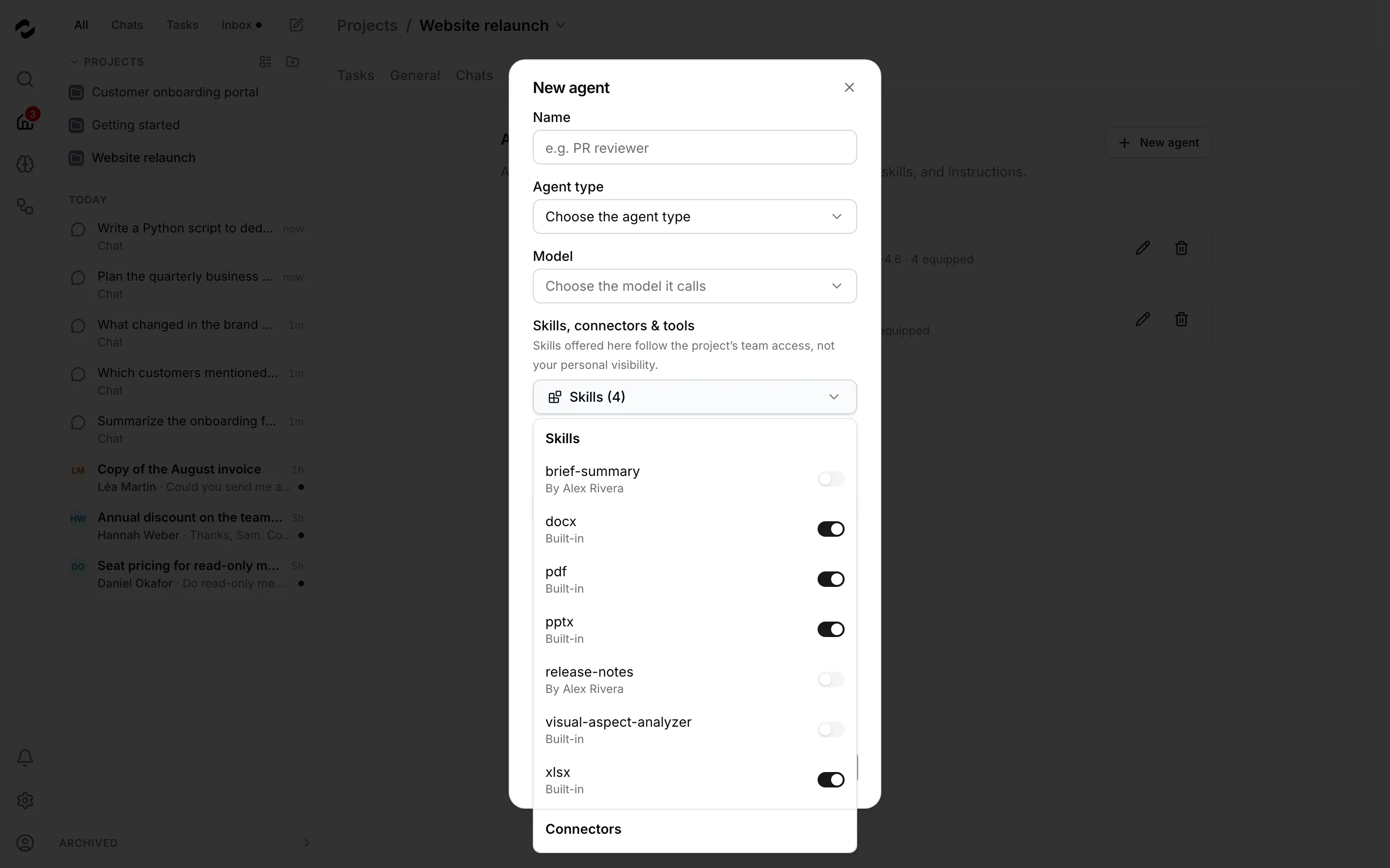 The New agent dialog with its Skills menu open: docx, pdf, pptx, and xlsx are switched on and marked Built-in, while brief-summary and release-notes by Alex Rivera and visual-aspect-analyzer stay off.