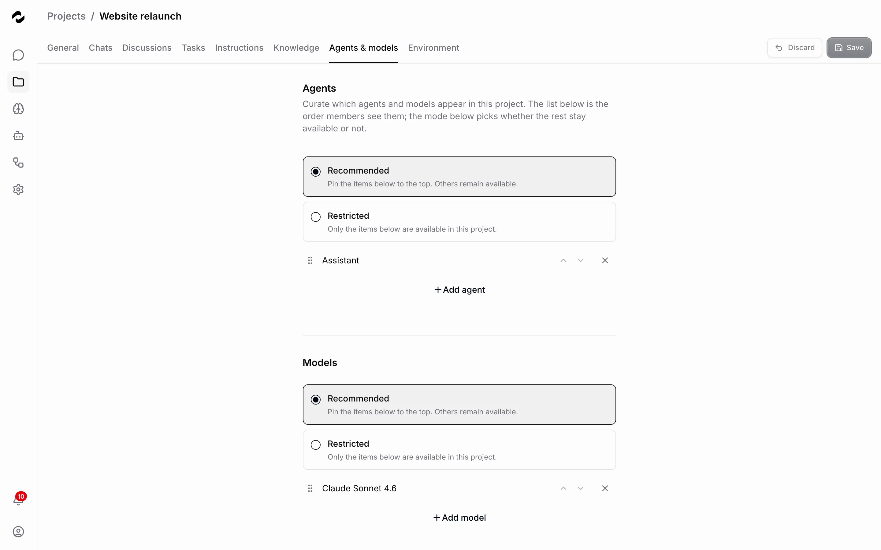 The Agents tab of a project listing named agents, each with a harness label, the serving provider, the model id, and an equipped count.
