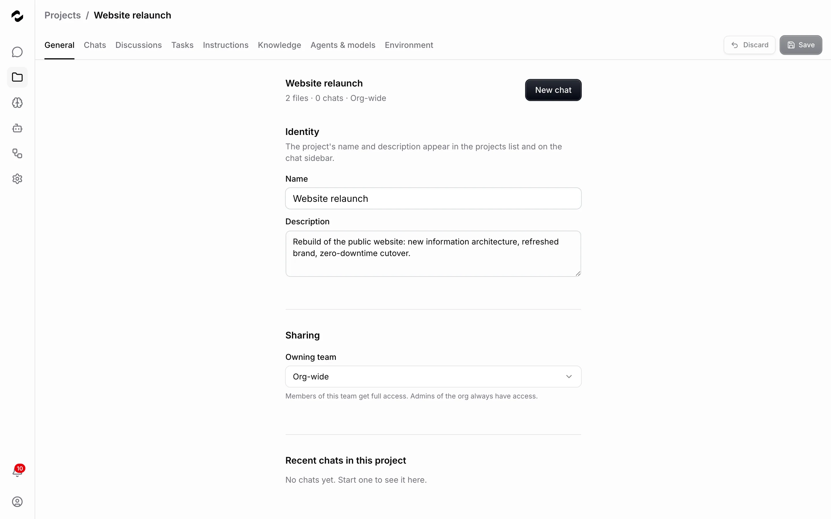 The General tab of the Website relaunch project showing the name and description fields, the sharing section with an Org-wide owning team, and a stats strip reading two files, no chats, and Org-wide.