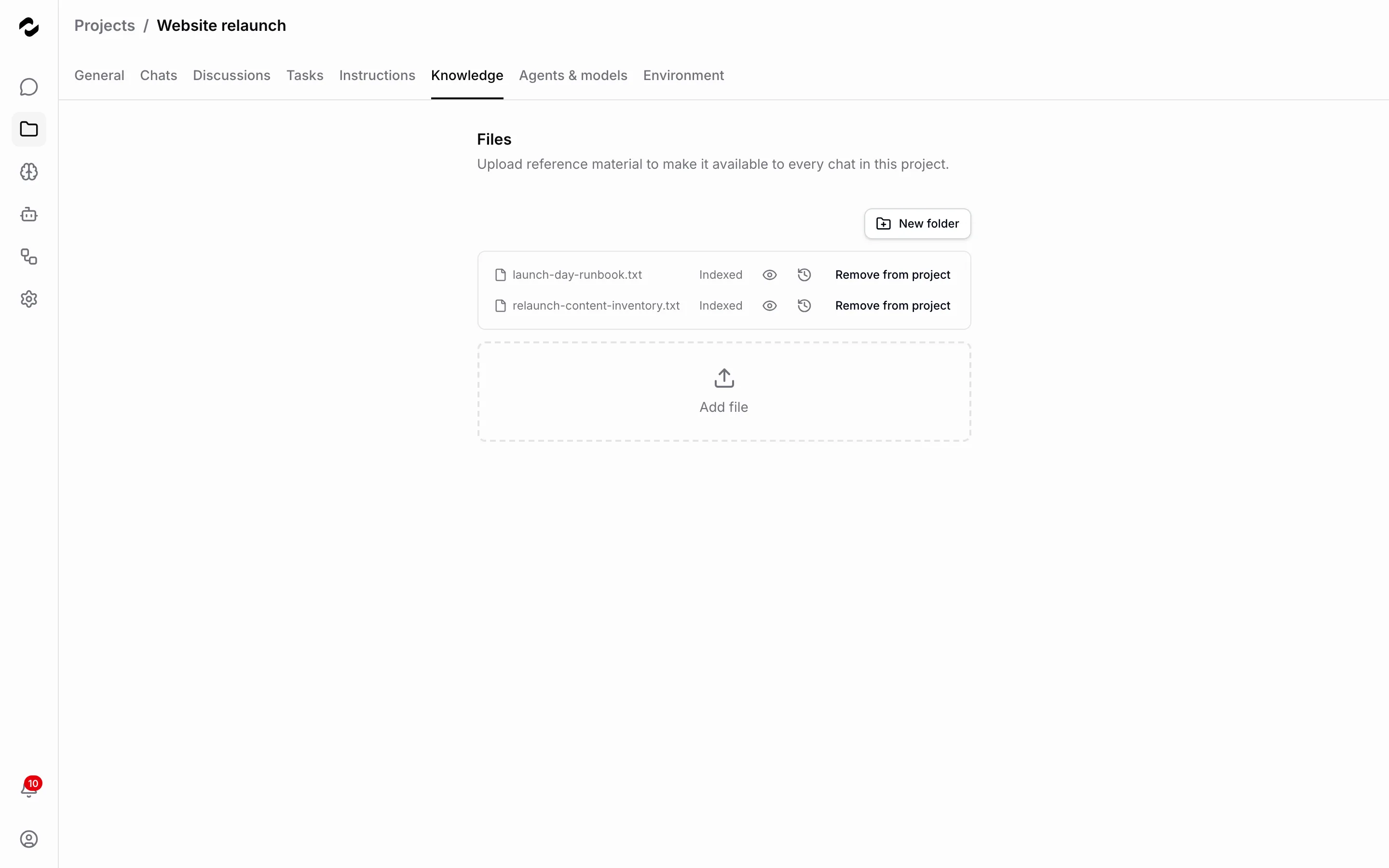 The Knowledge tab of the Website relaunch project showing two indexed files in the file tree, a New folder button, and the Add file dropzone.