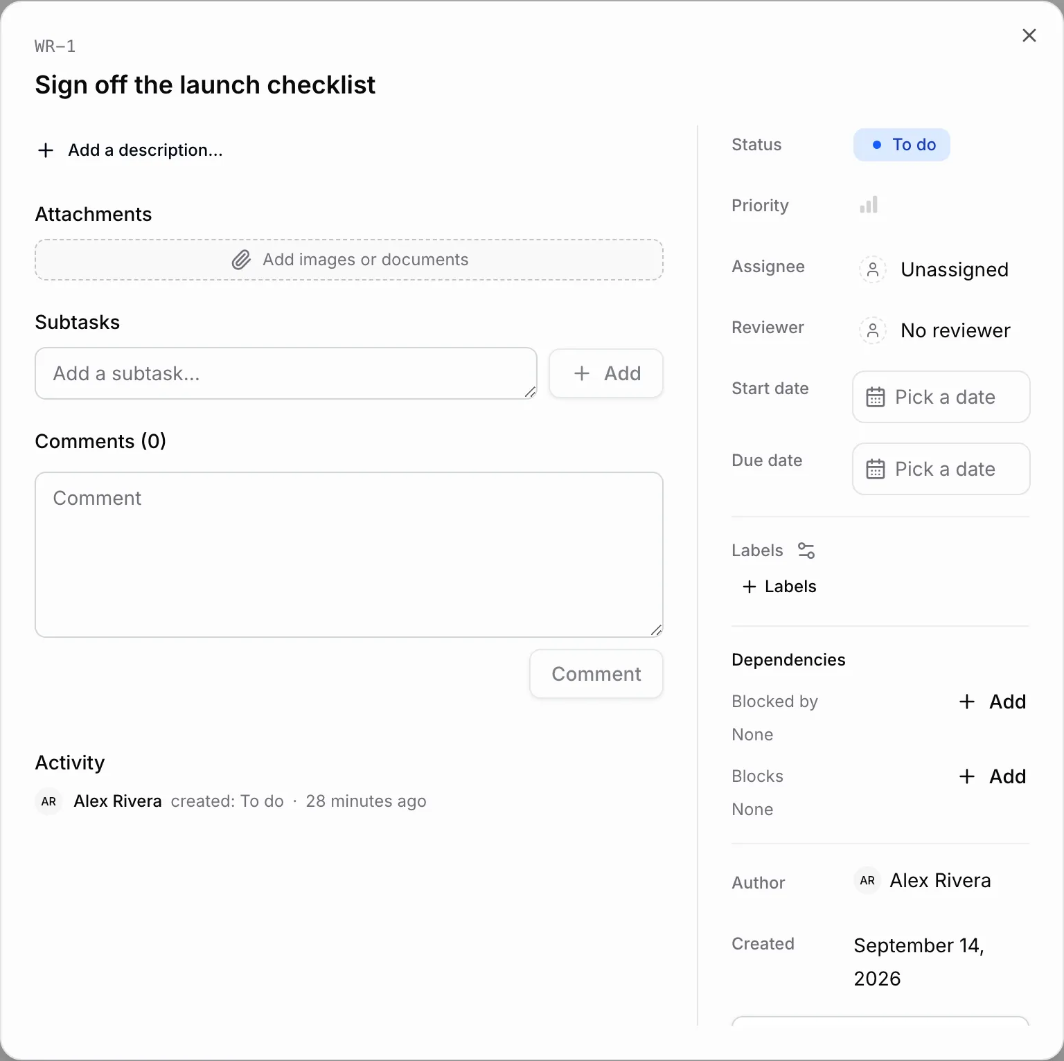 The task Sign off the launch checklist shows its description area, attachments, subtasks, comments, status, assignee, reviewer, dates, labels, and dependencies.