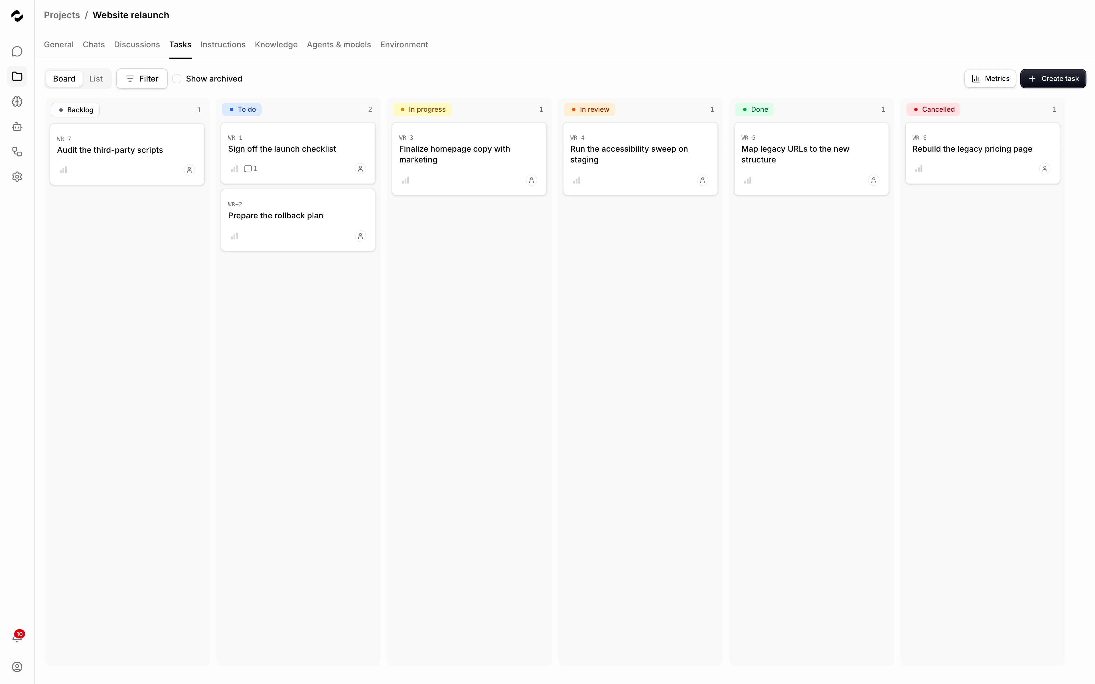 A project task board titled Website relaunch with seven task cards spread one or two per column across Backlog, To do, In progress, In review, Done, and Cancelled.
