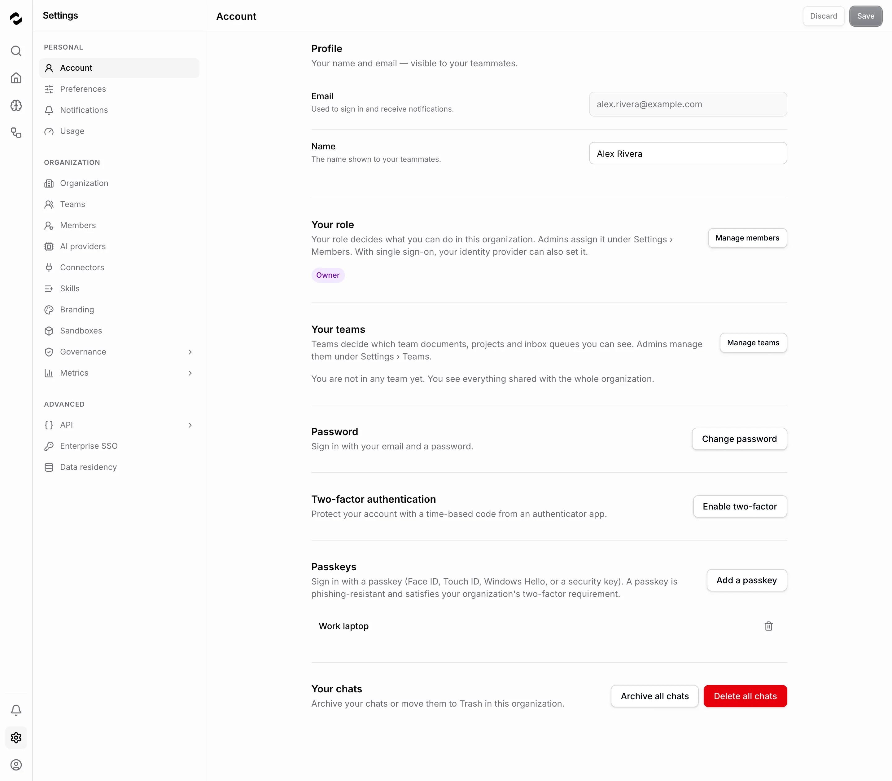 The Account settings page with the Password, Two-factor authentication, and Passkeys sections; the Passkeys section lists one passkey named Work laptop.