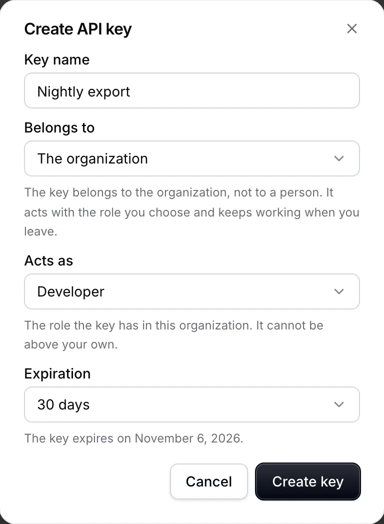 The Create API key dialog for a key that belongs to the organization itself, acting as a Developer and expiring in 30 days.