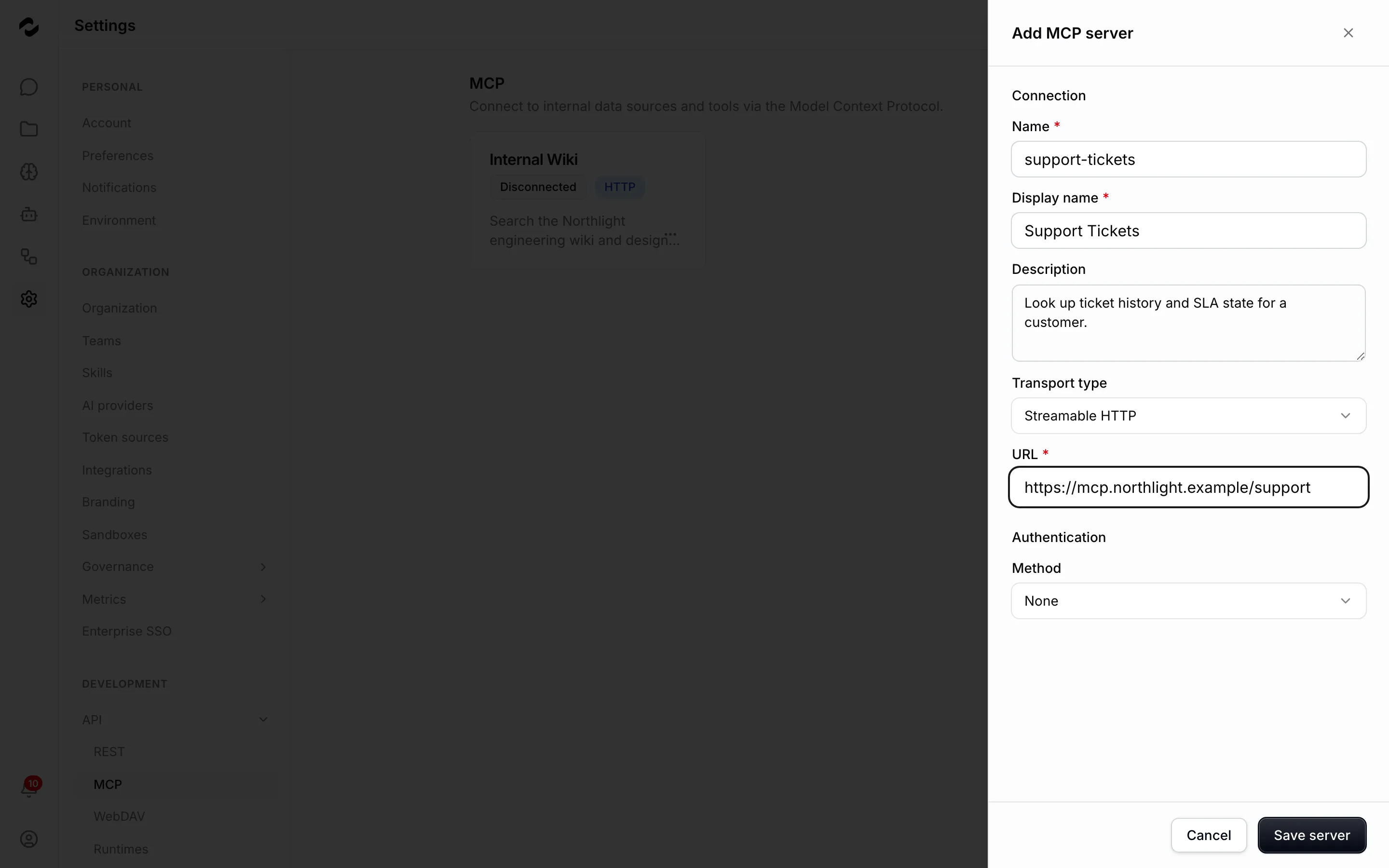 The Add MCP server dialog under Settings API MCP, filled in for a support-tickets server — display name Support Tickets, a one-line description, Streamable HTTP as the transport type, the server URL, and an authentication method of None — over the MCP page, where an Internal Wiki server is already registered.