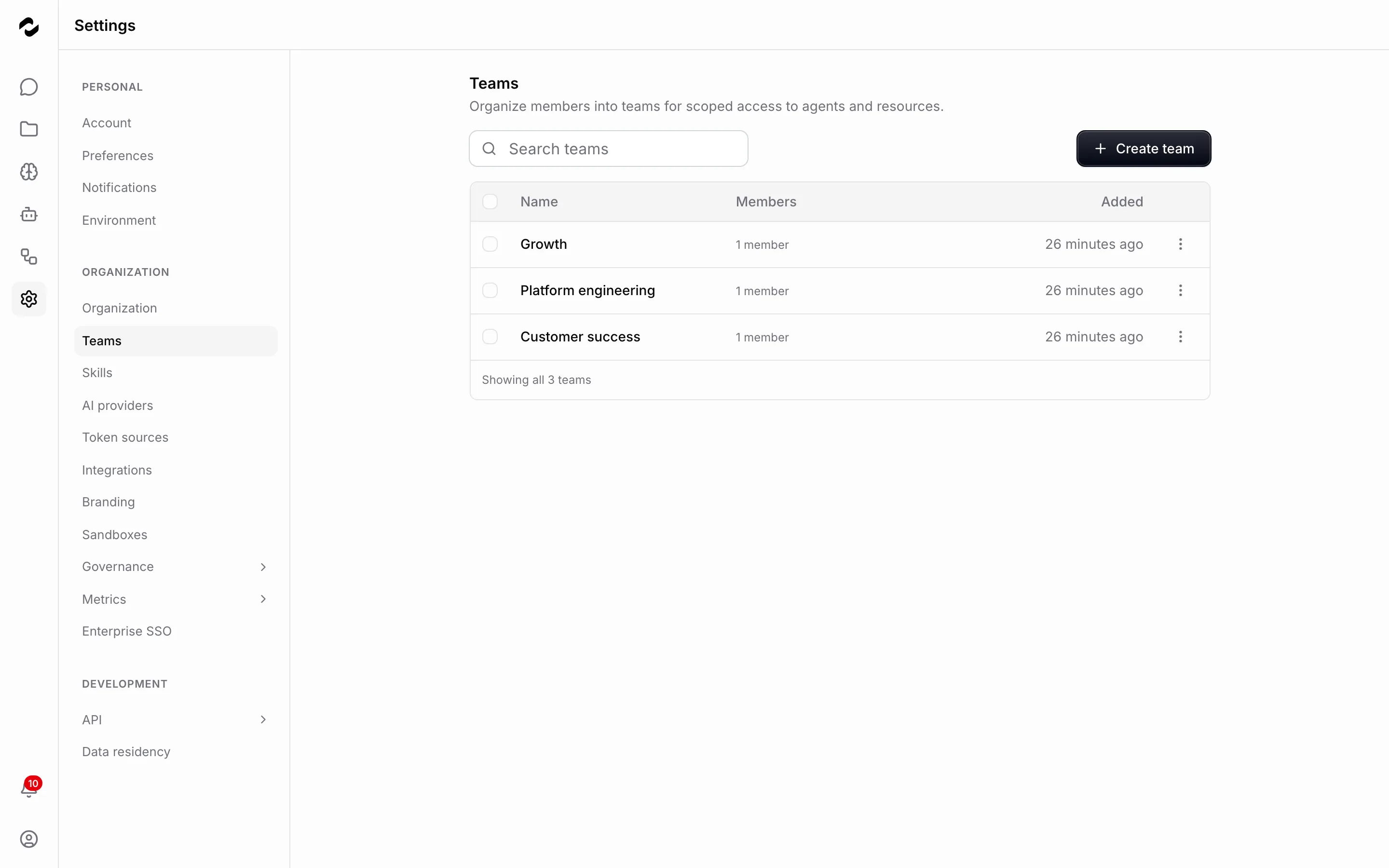 The Teams settings page listing three teams — Growth, Platform engineering, and Customer success — each with one member and the date it was added, beside a Create team button.