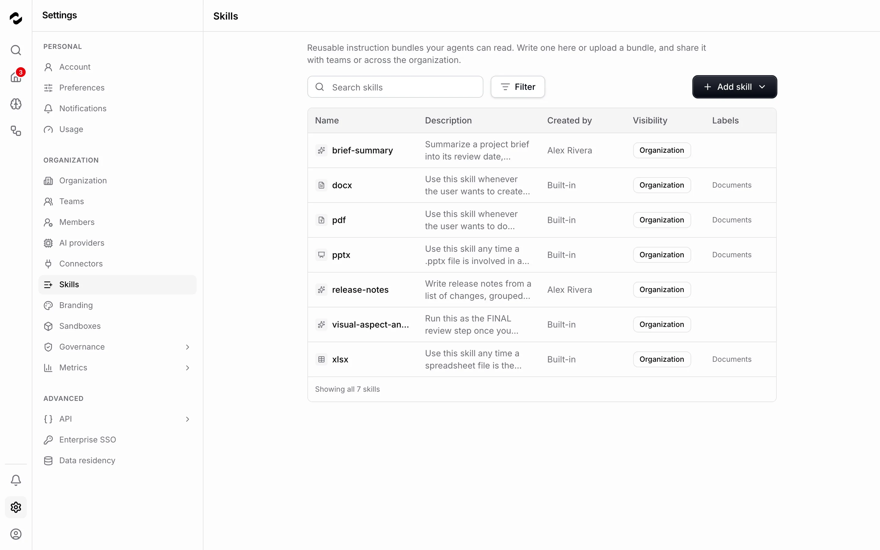 The skill library lists seven skills: brief-summary and release-notes created by Alex Rivera, and docx, pdf, pptx, visual-aspect-analyzer, and xlsx marked Built-in, each shared with the Organization.