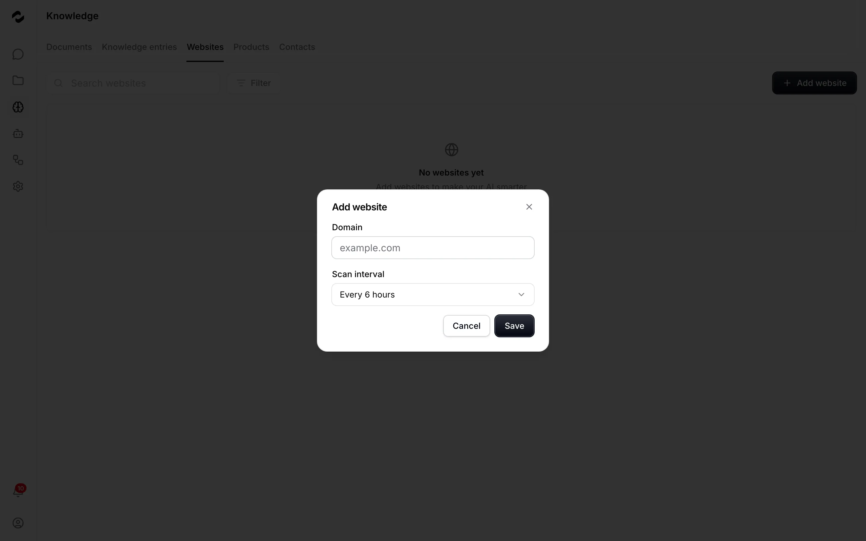 The Add website dialog on the Websites tab, asking for a domain and a scan interval that defaults to every six hours.